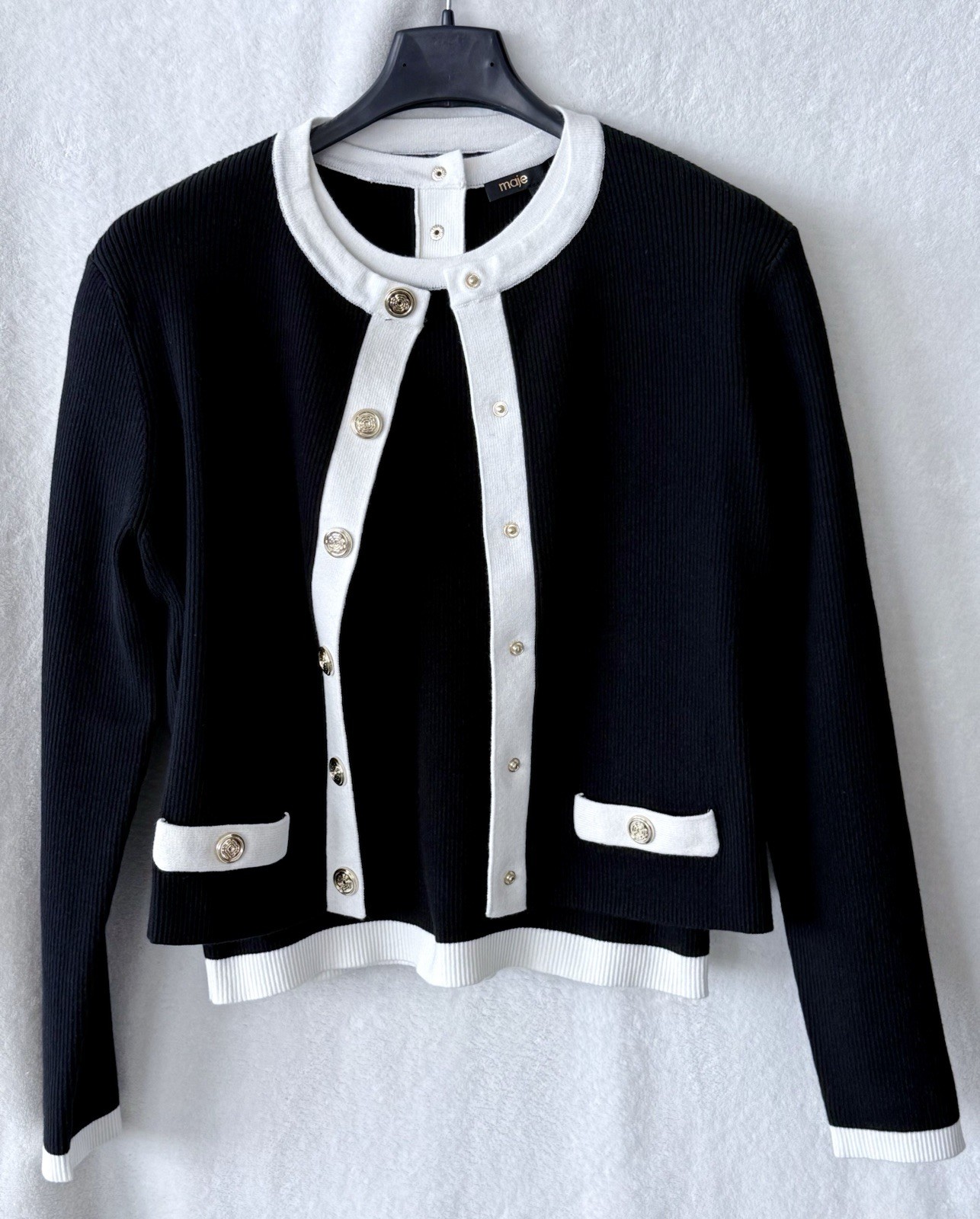 Maje New  Black Cropped Twin Set Black&White Accent Gold Clover Button Small/1