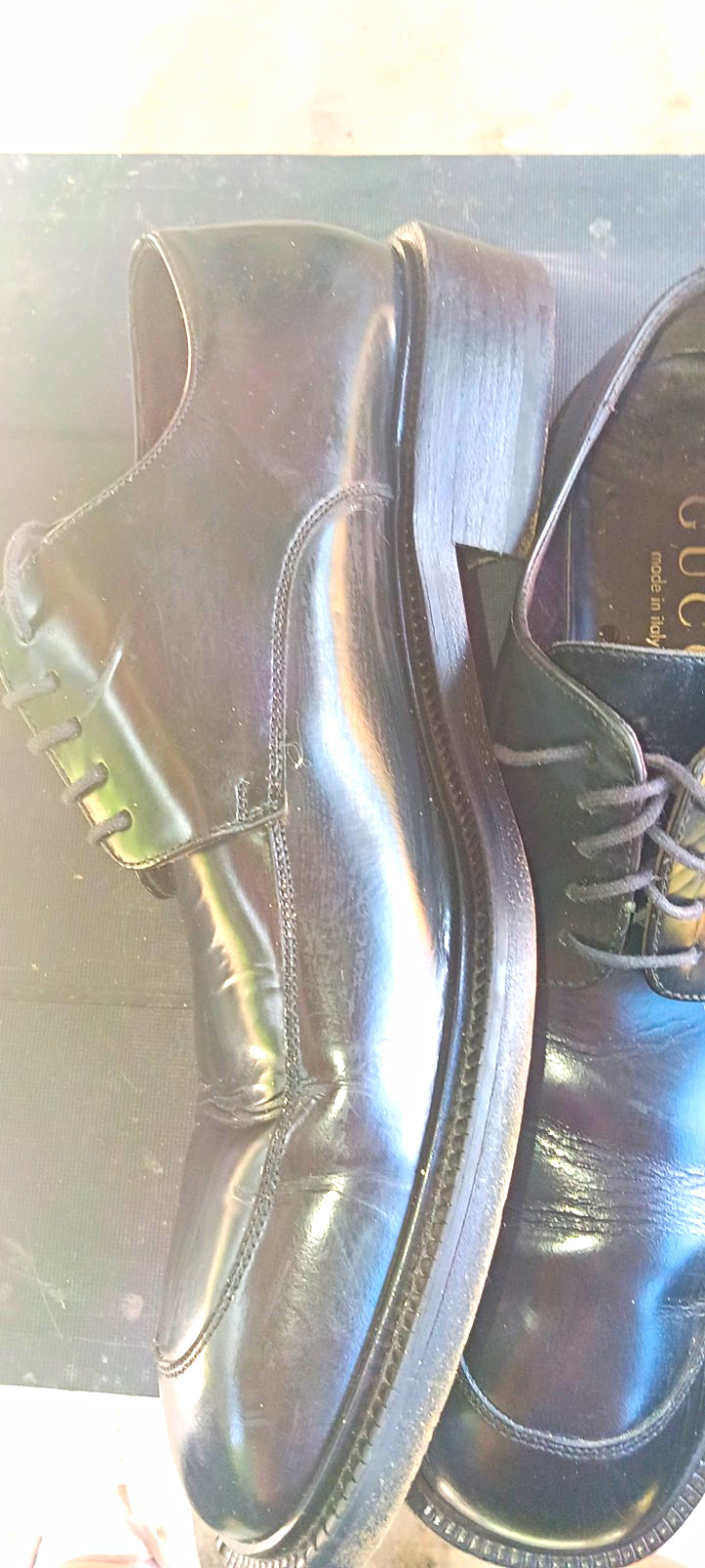 Vintage Gucci Men\'s Black Leather Derby Dress Shoes Square Toe Size 10D Italy