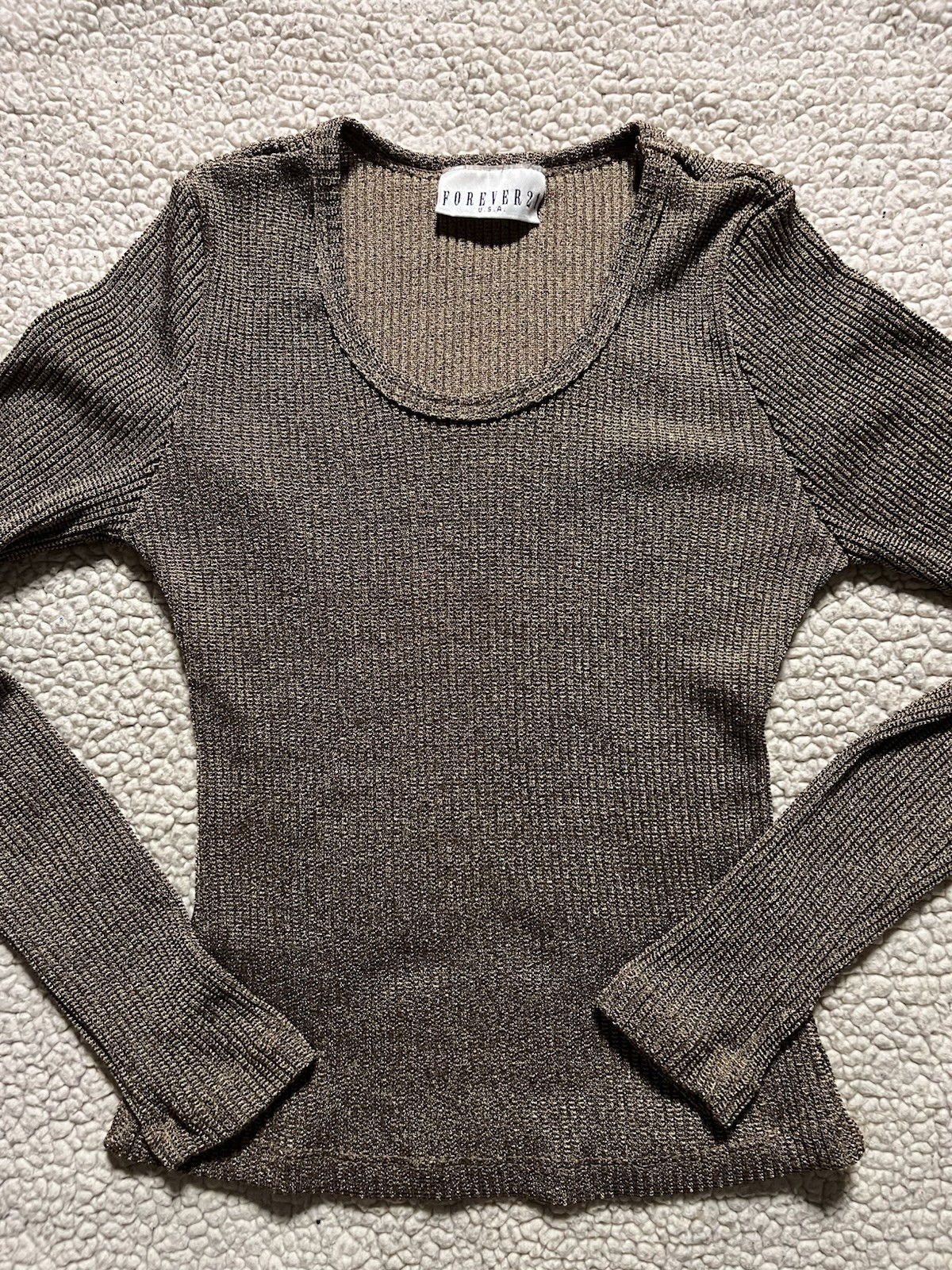 Vintage Y2K Forever 21 USA Metallic Bronze Gold Ribbed Long Sleeve Top XS S