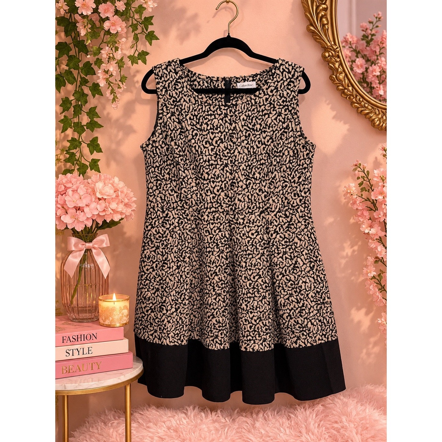 Calvin Klein Black Beige Abstract Print Sleeveless A-Line Fit & Flare Dress
