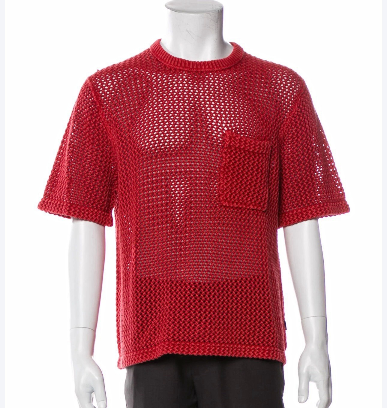 Stüssy Men\'s Red Open-Knit Cotton Short Sleeve Crew Neck Sweater Pocket Sz S