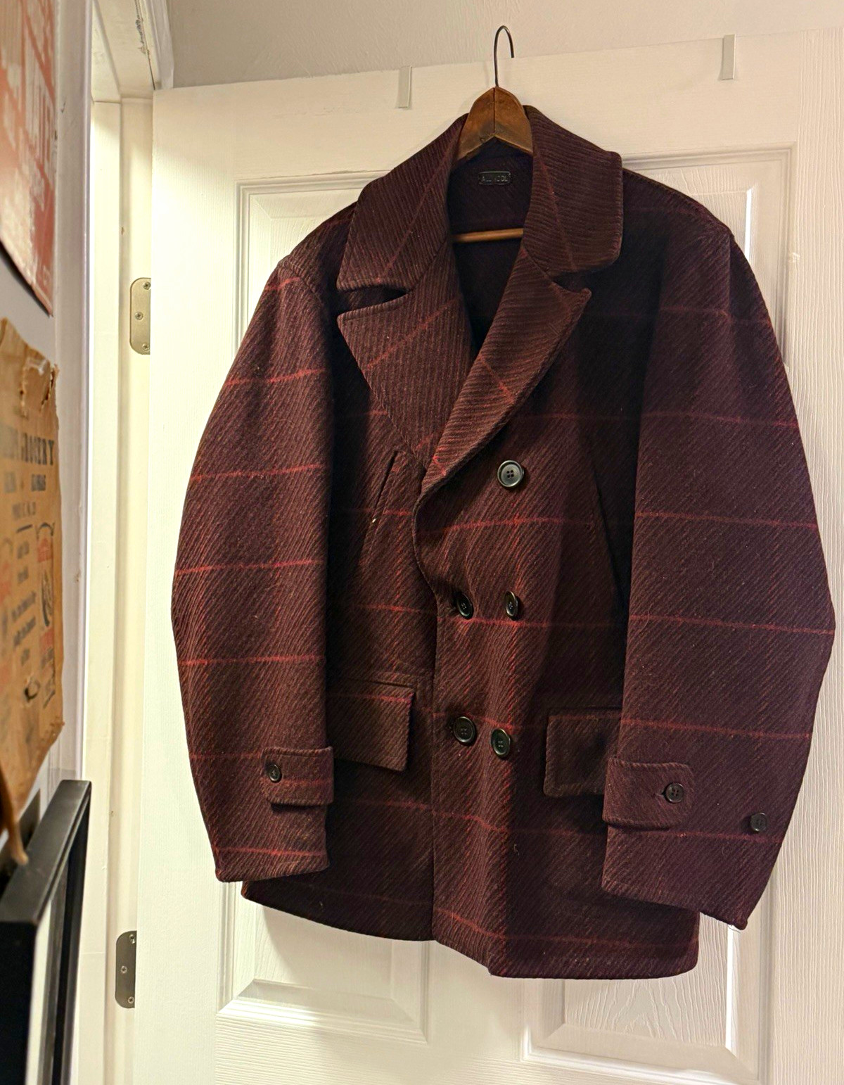 Very rare 1930s red Shadow plaid wool peacoat size L