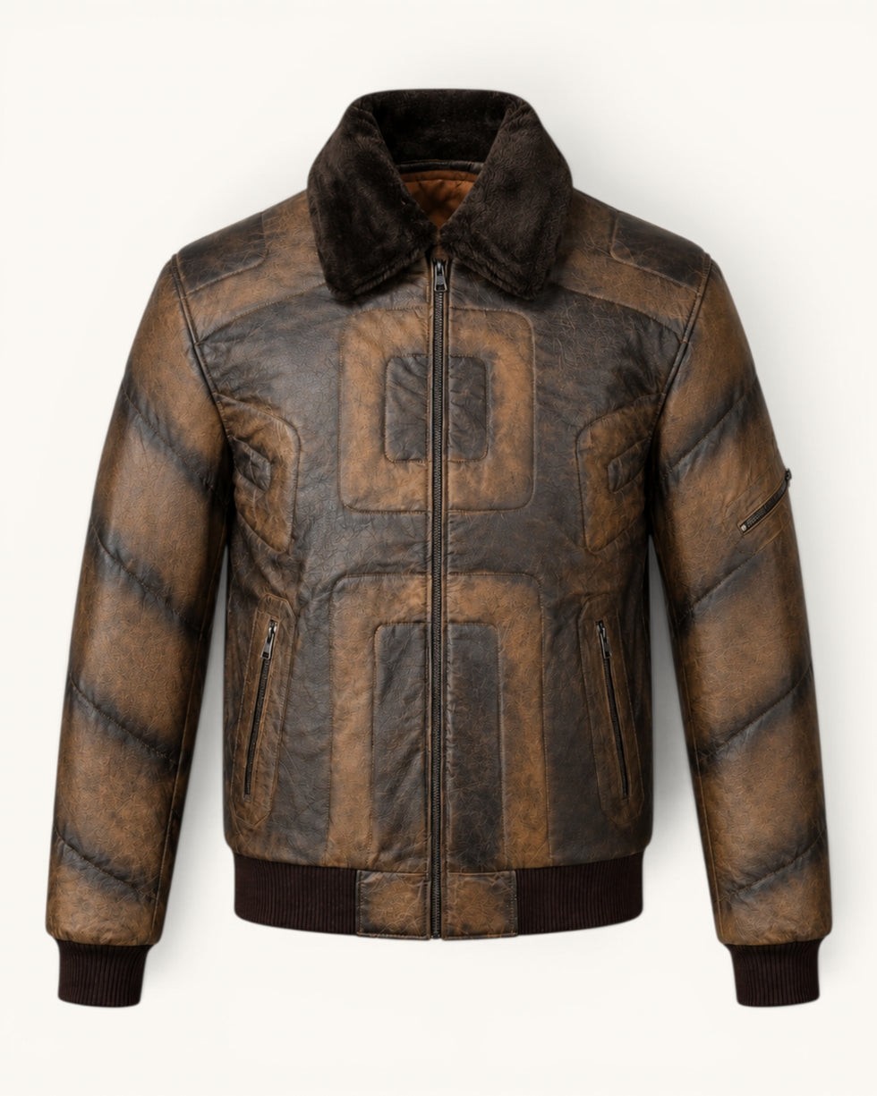 Genuine  Leather Bomber Jacket, Brown, Shearling Collar, Quilted Lining