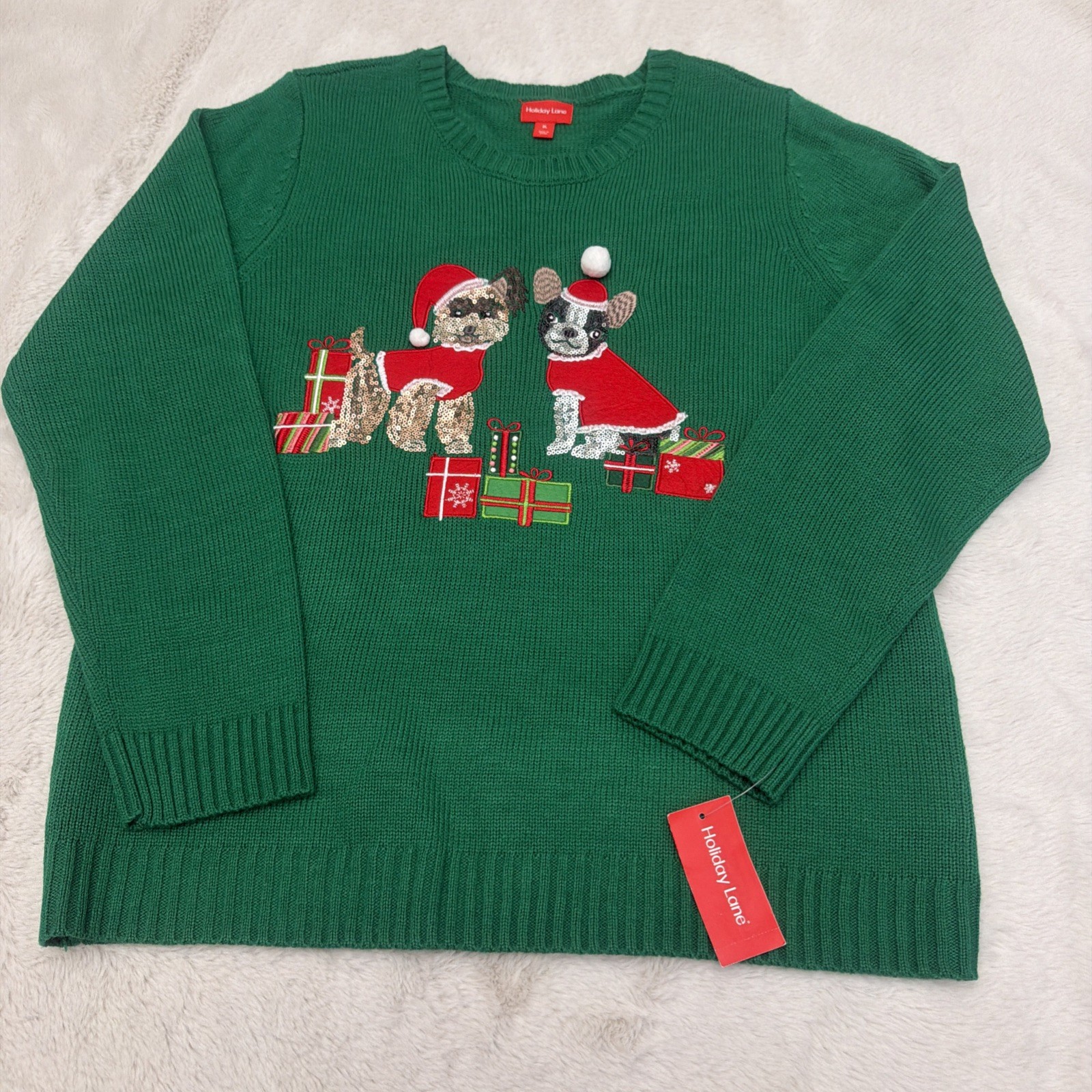 Holiday Lane Women\'s Green Sparkle Christmas Sweater Dogs Gifts Size X-Large NWT