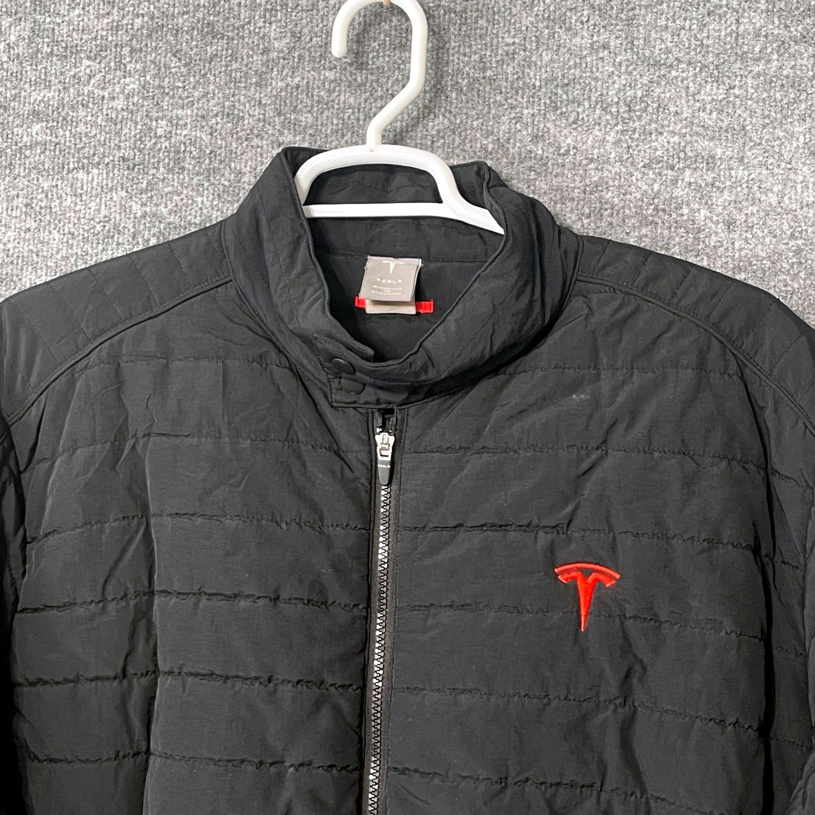 Tesla Motors Mens Black Quilted Puffer Jacket Red Logo Full Zip Corporate XXL