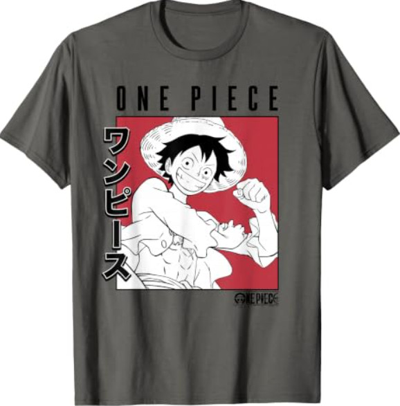 One Piece Anime Colorblock Luffy Red with Kanji T-Shirt
