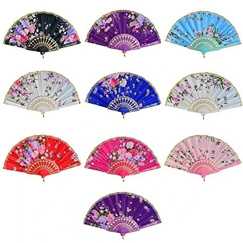Miayon 10Pcs Floral Folding Hand Fan Vintage Retro Silk Handheld Fans 