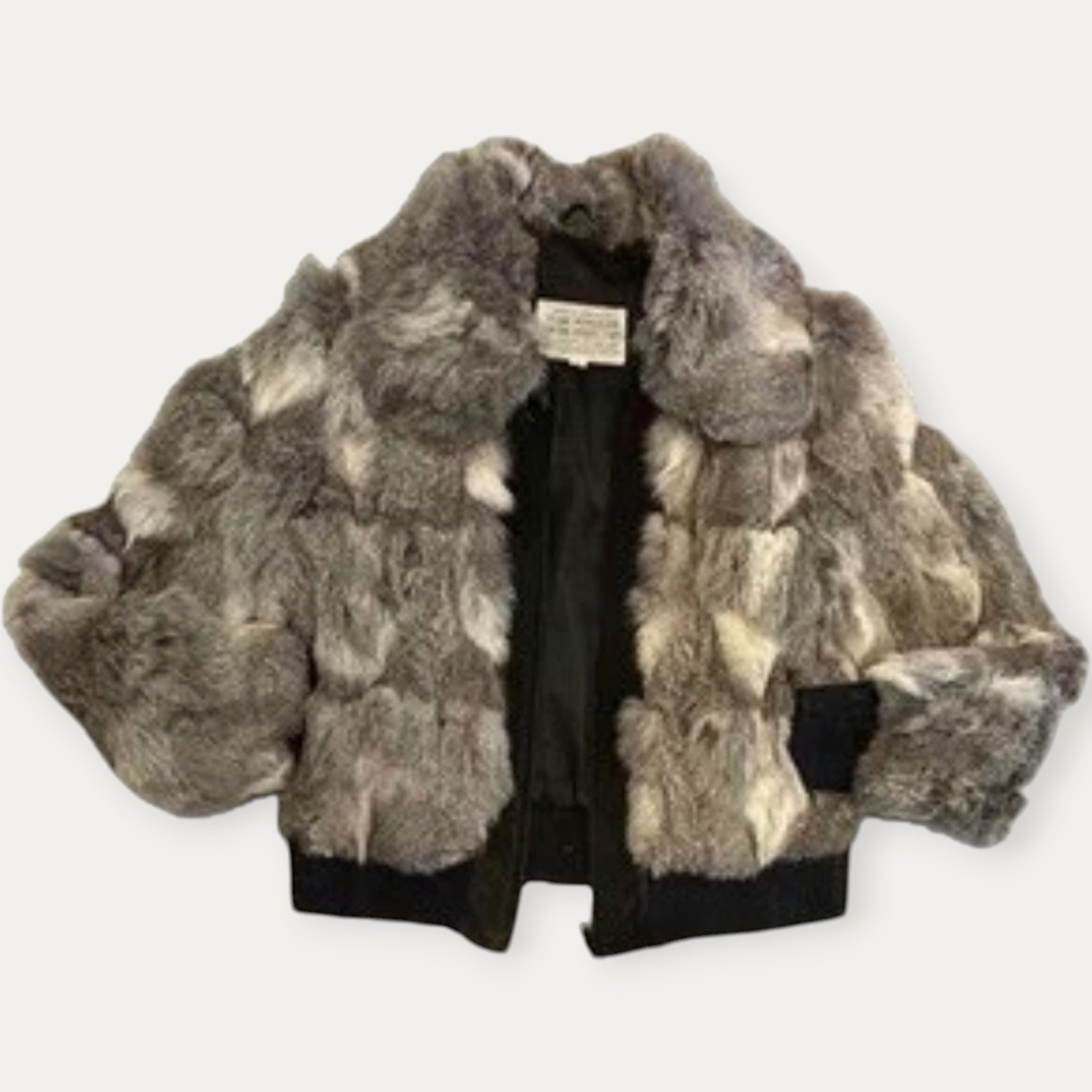Vintage Asian Mongolian Genuine Rabbit Fur Leather Bomber Jacket Womens L Gray