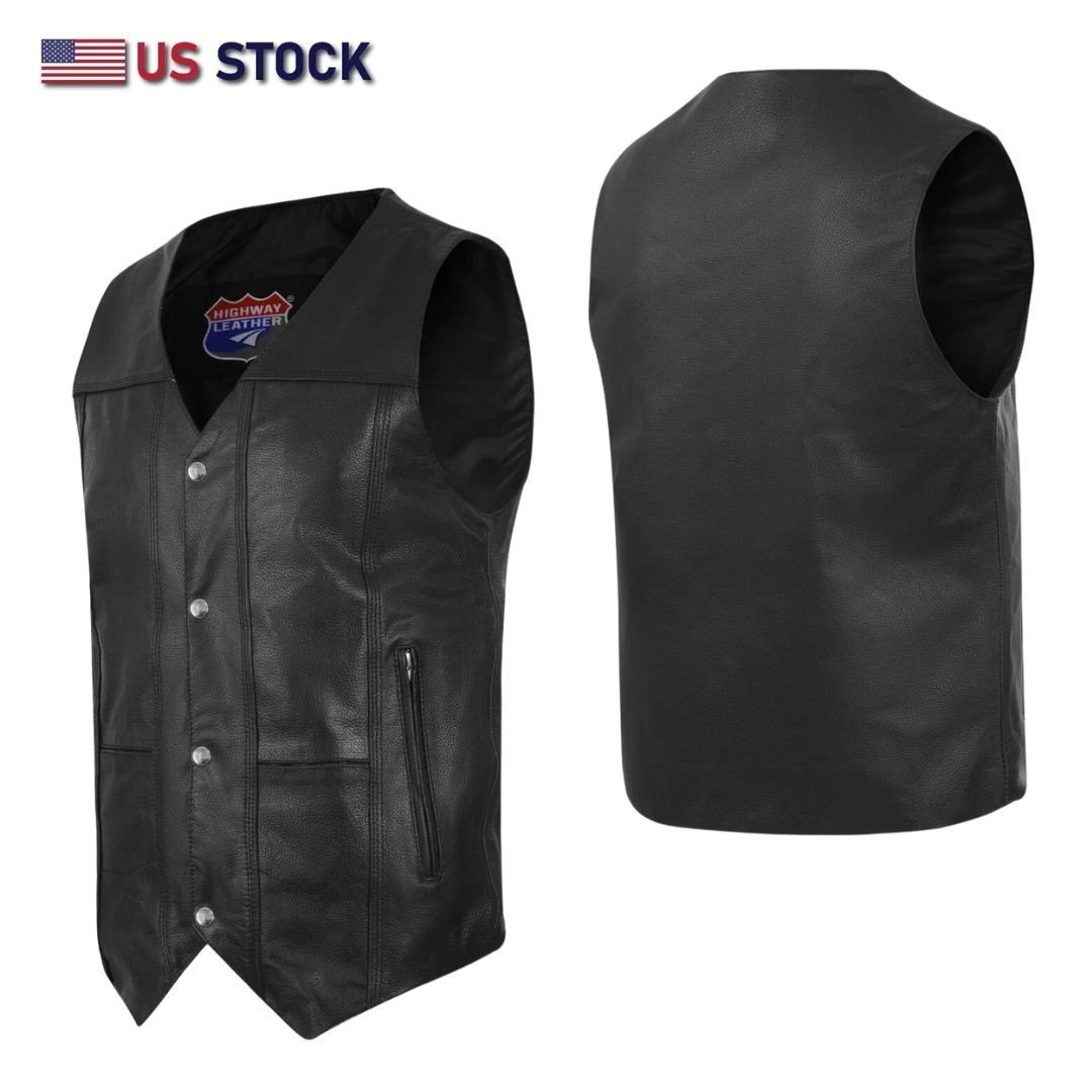 Men\'s Black Classic V-Neck Leather Motorcycle Vest | Biker Rider Apparel & Gear