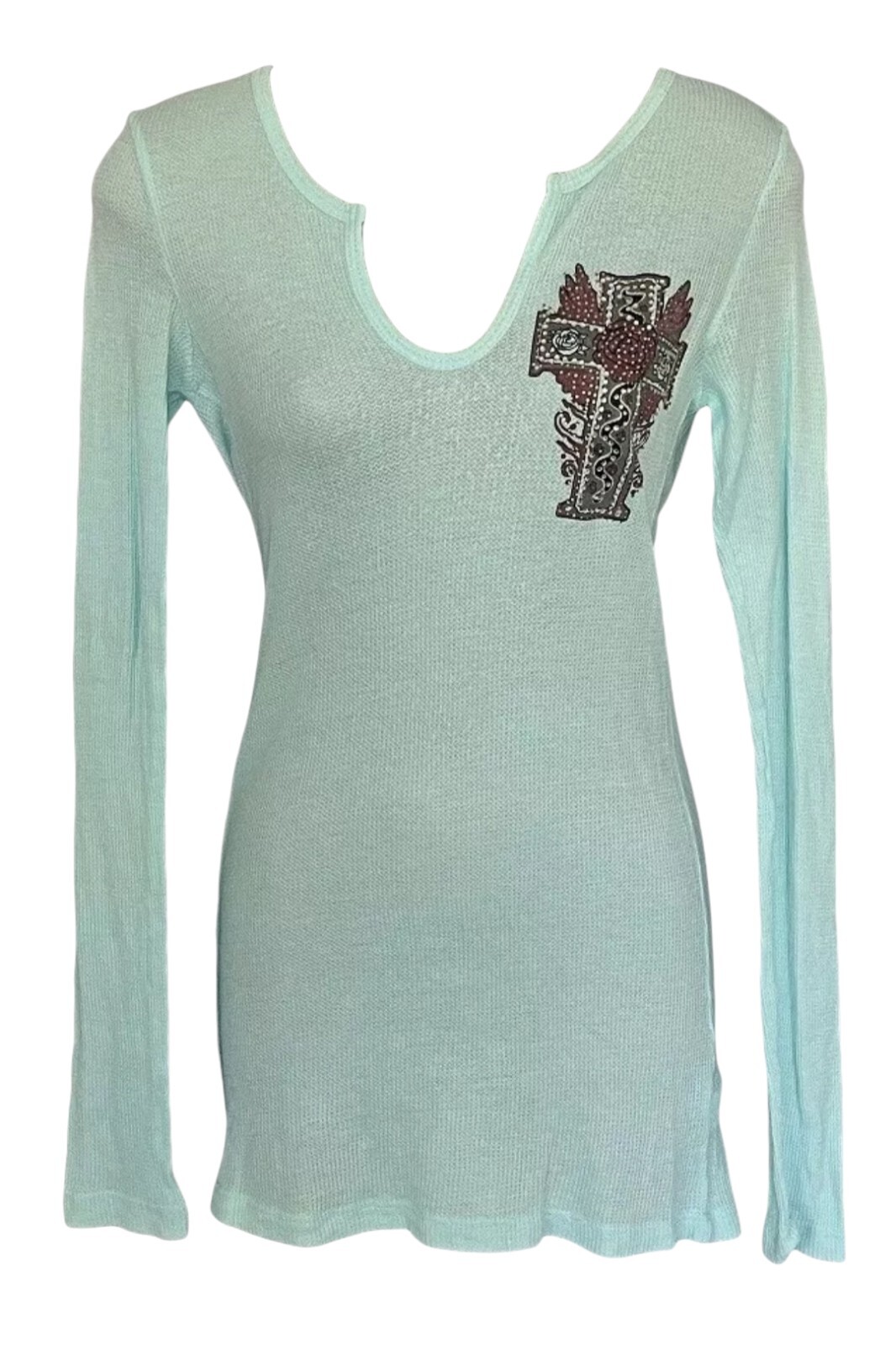 Vocal Womens Embellished Crystal Cross Long Sleeve Dip Dyed Top Green S M L