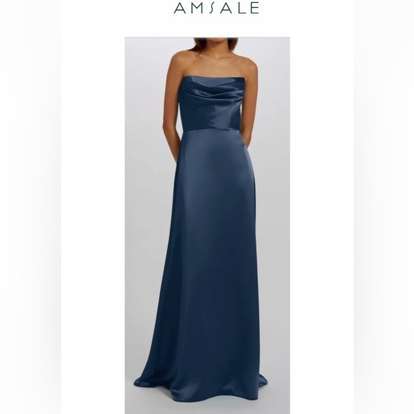 Amsale Navy Blue Strapless Satin Gown Size 6 $300
