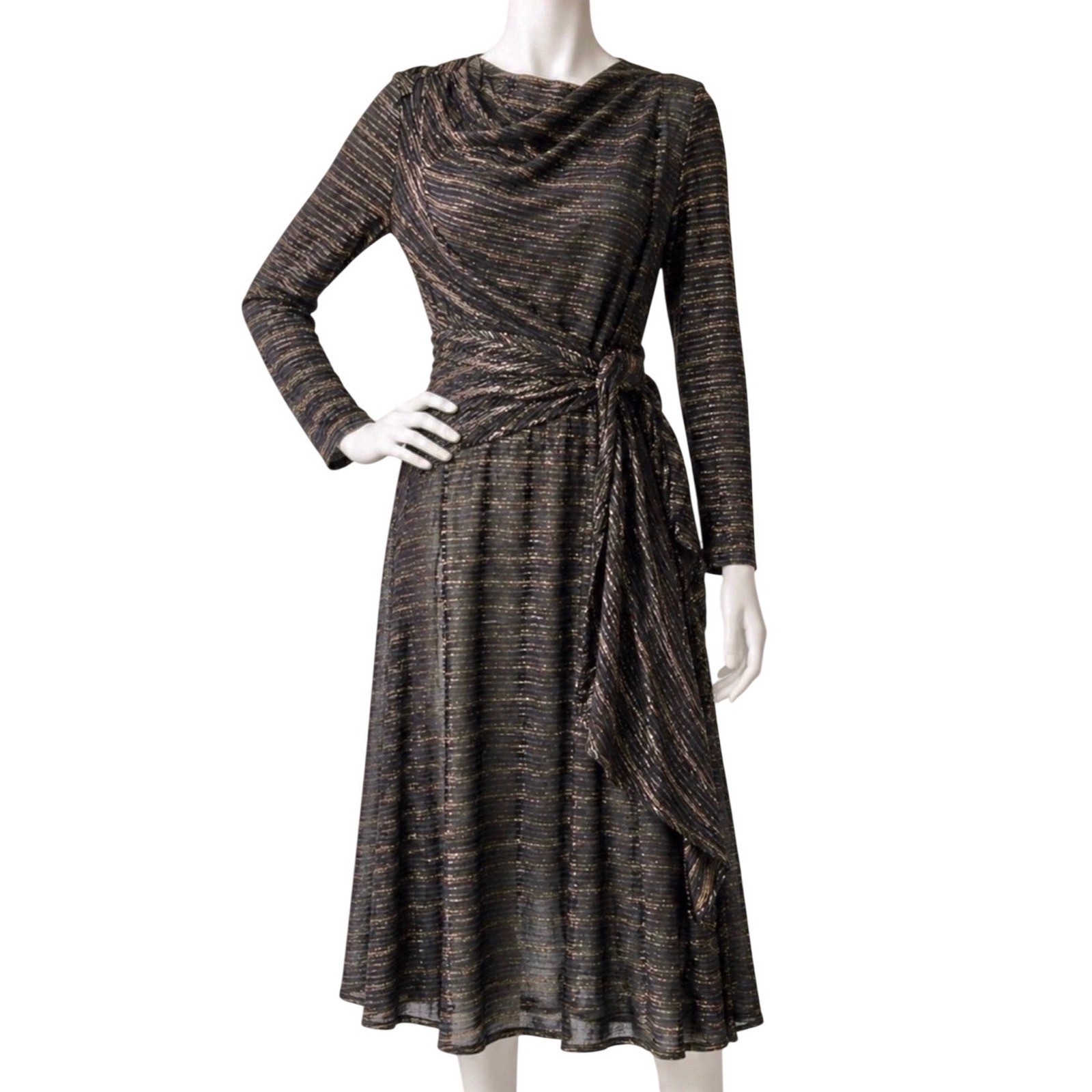 VINTAGE ILGWU 1970s Deadstock Metallic Gold Disco Wrap Dress Studio 54 | S