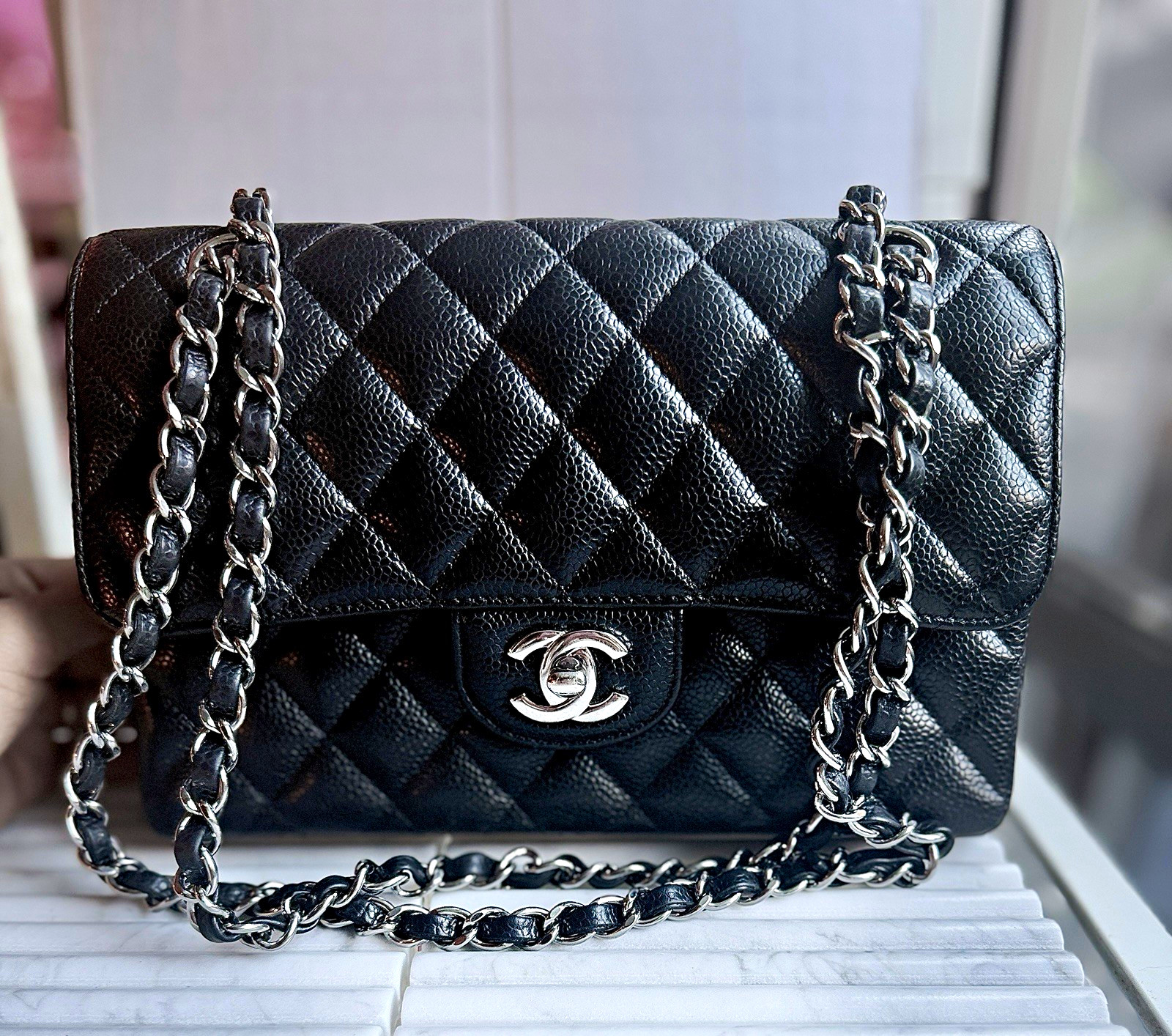 CHANEL Small Classic Double Flap Black Caviar Silver Hardware A01113