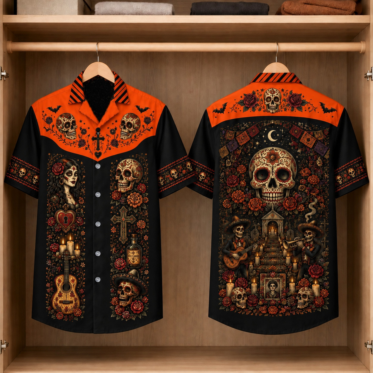 Day Of The Dead Men Hawaiian Shirt Sugar Skull Roses Mexican Button Down Shirt