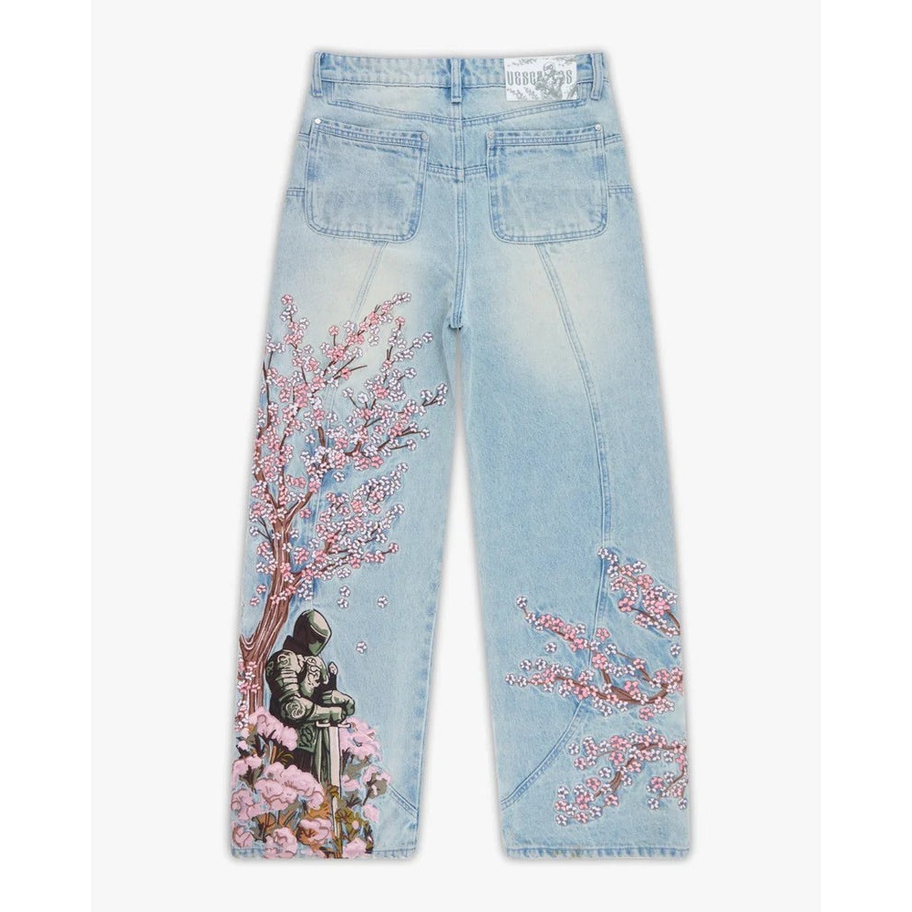 Vescartes Black Knight Cherry blossom embroidery jeans, straight and loose fit