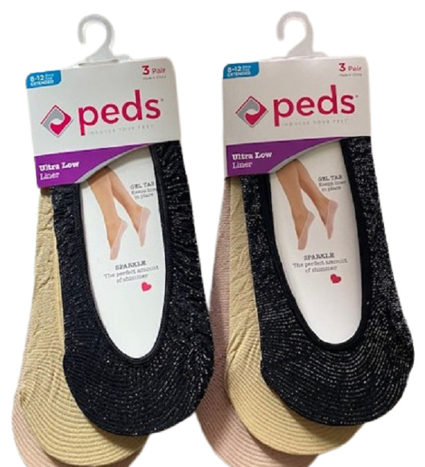 PEDS 6 PAIR 2 Packs Sparkle Ultra Low Liner Socks, Gel Tab Heel, Shoe Size 8-12