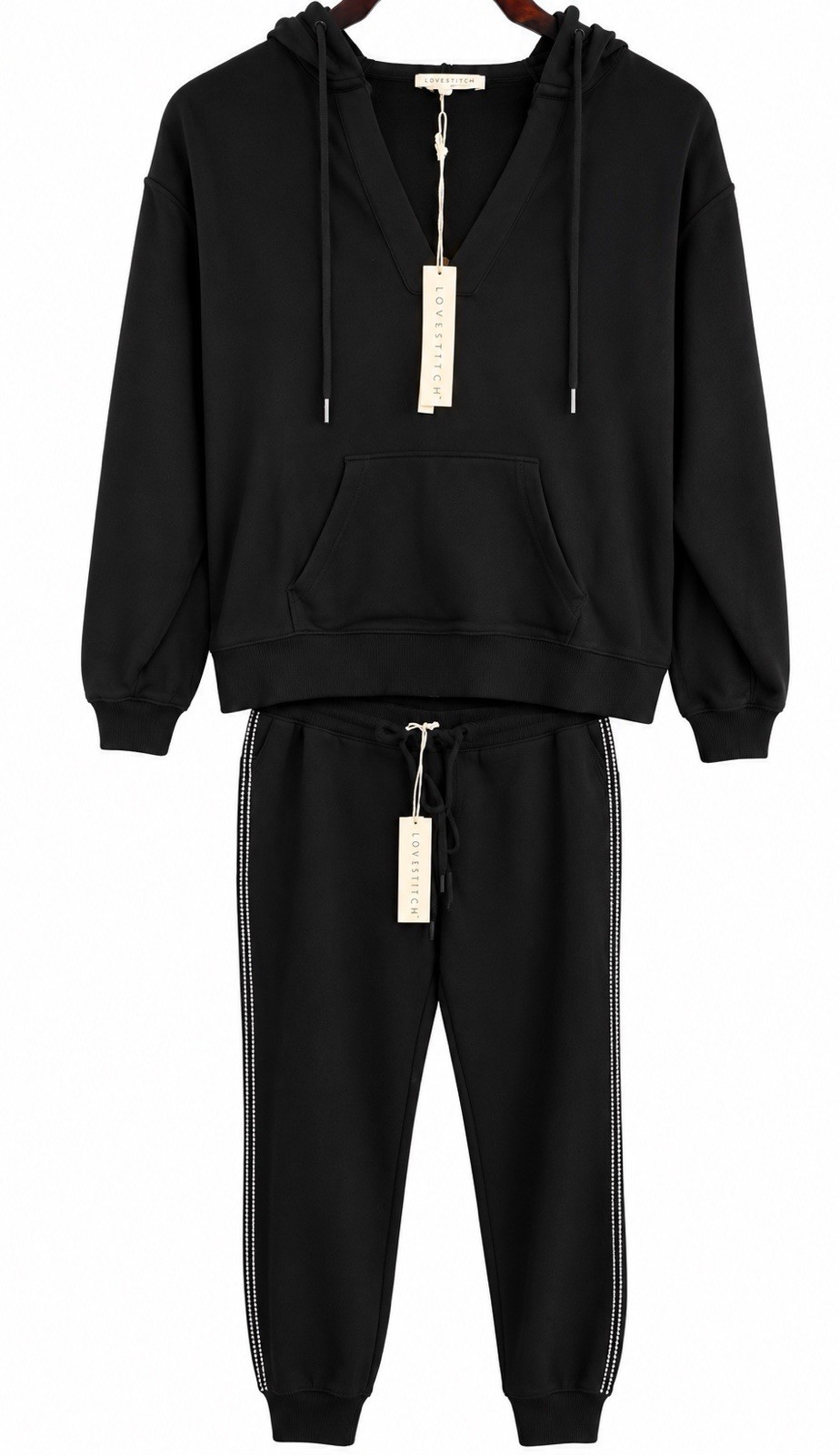 Lovestitch Black 2pc Sweatsuit Set Hoodie & Pants Pockets Size L