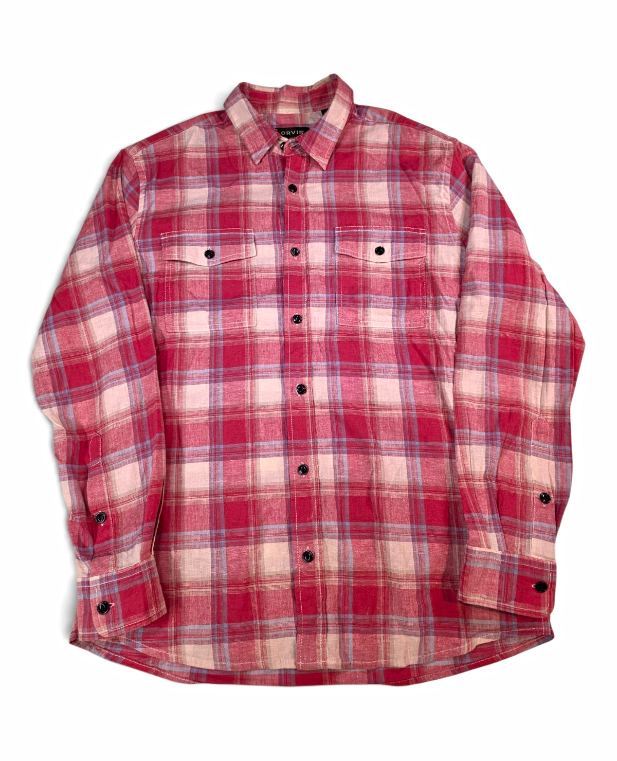 Orvis Indigo Active Fit Plaid Long Sleeve  Shirt, Linen/Cotton Blend, Size M.