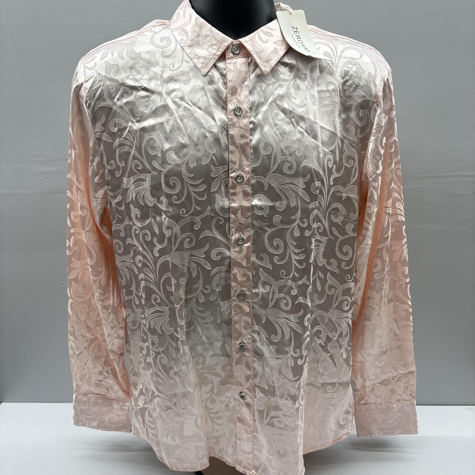 Zeroyaa Shirt Mens Medium Pink Floral Jacquard Long Sleeve Button Up Disco NEW