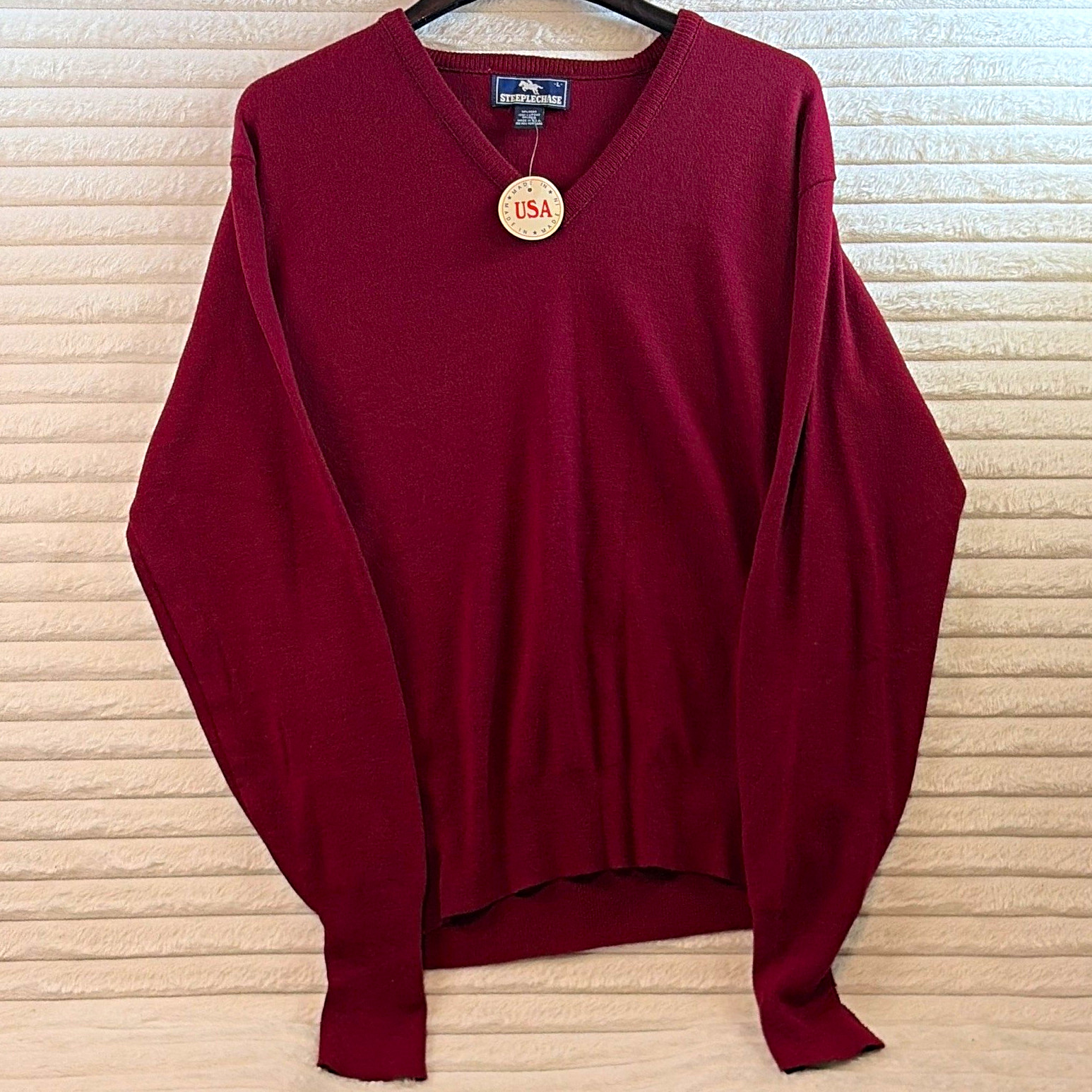 Vintage Steeplechase Mens Burgundy Solid V-Neck Knit Pullover Sweater L WPL 5624