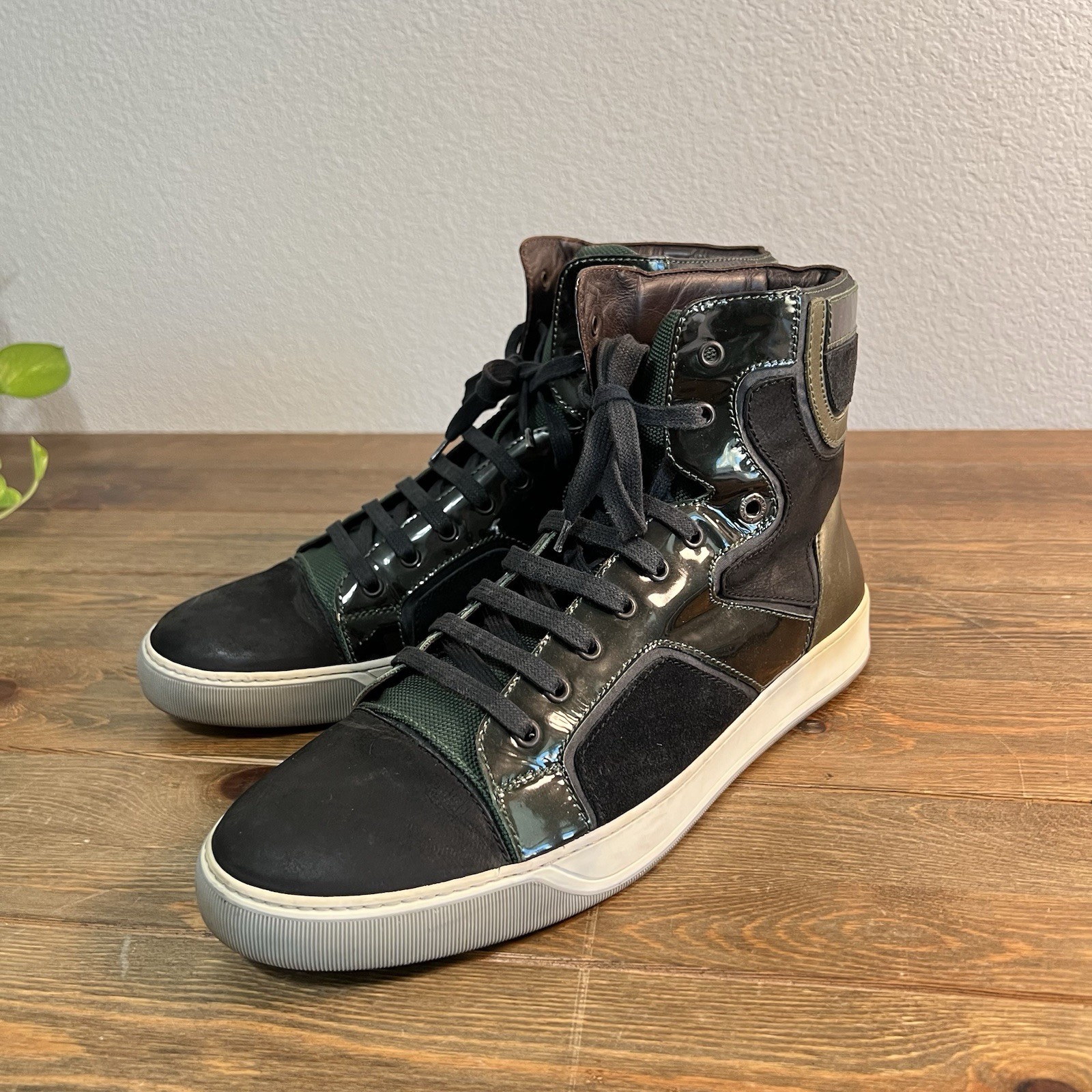 Lanvin Paris Mens Suede Leather Sneakers Shoes Size 12 Green Black