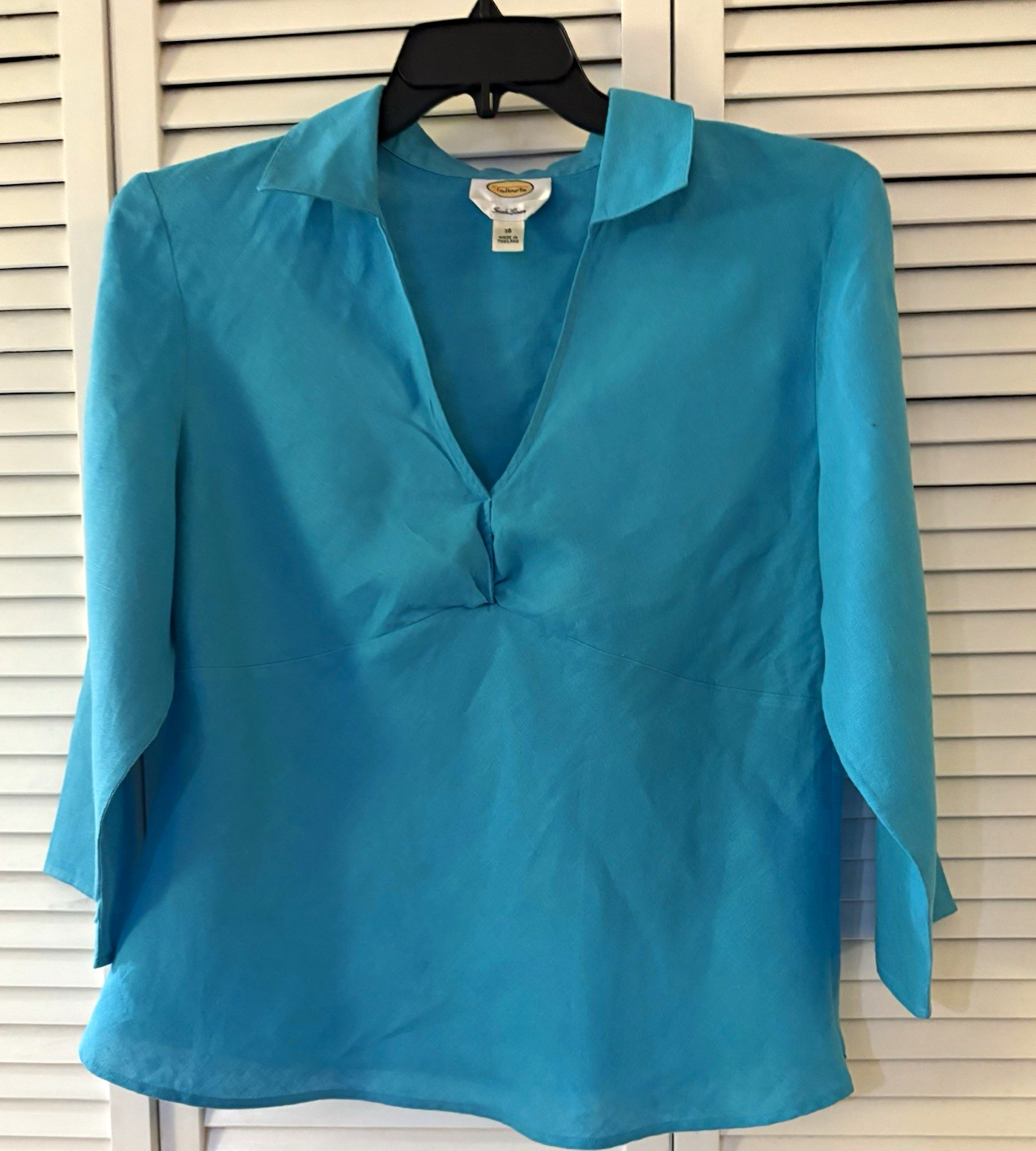 Vtg Talbots 100% Irish Linen Tunic Blouse Sz 16 Turquoise Pullover 3/4 Sleeve
