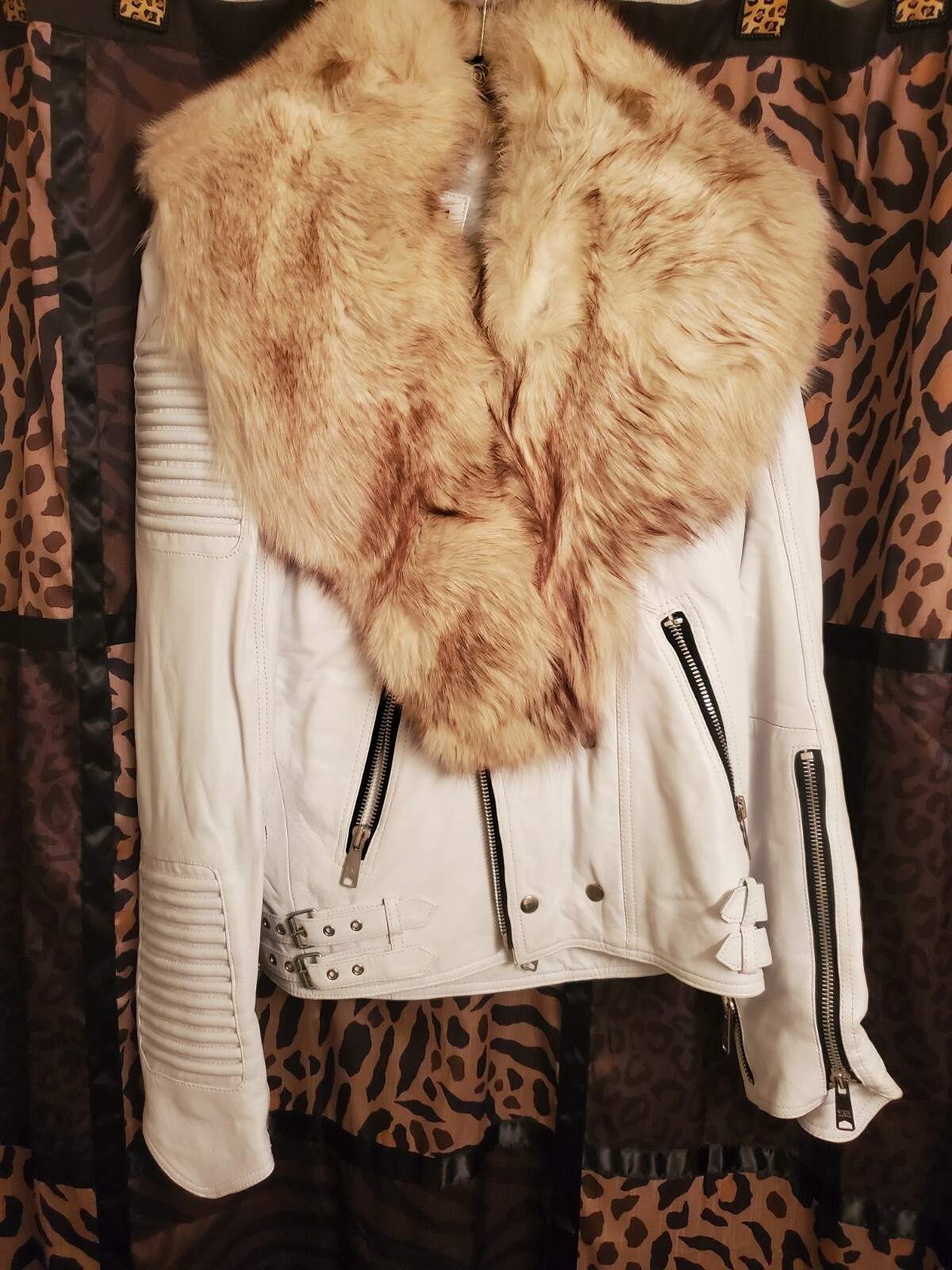Darucci NYC Genuine Leather Biker Motorcycle Jacket w/White Fox Fur
