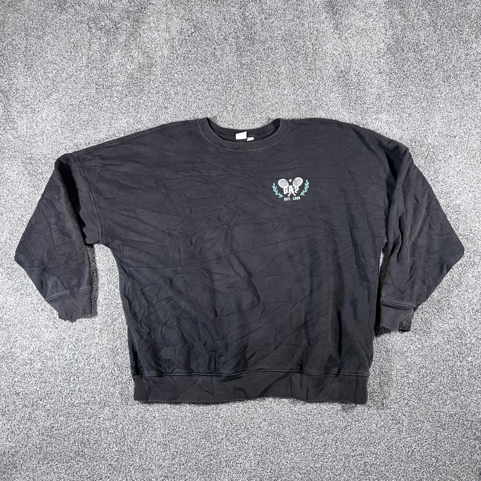 Gap Mens Medium Black Tennis Graphic Crewneck Sweatshirt Est 1969 Pullover