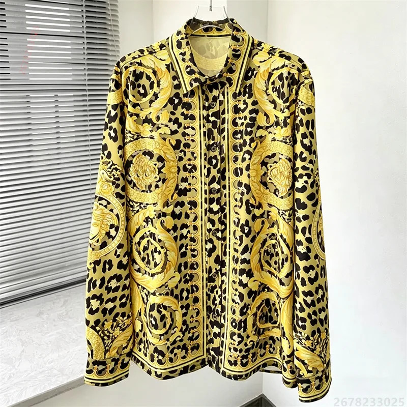  Button Down Shirt Men Black Gold Baroque Leopard Casual Mens  Long Sleeve Shirt