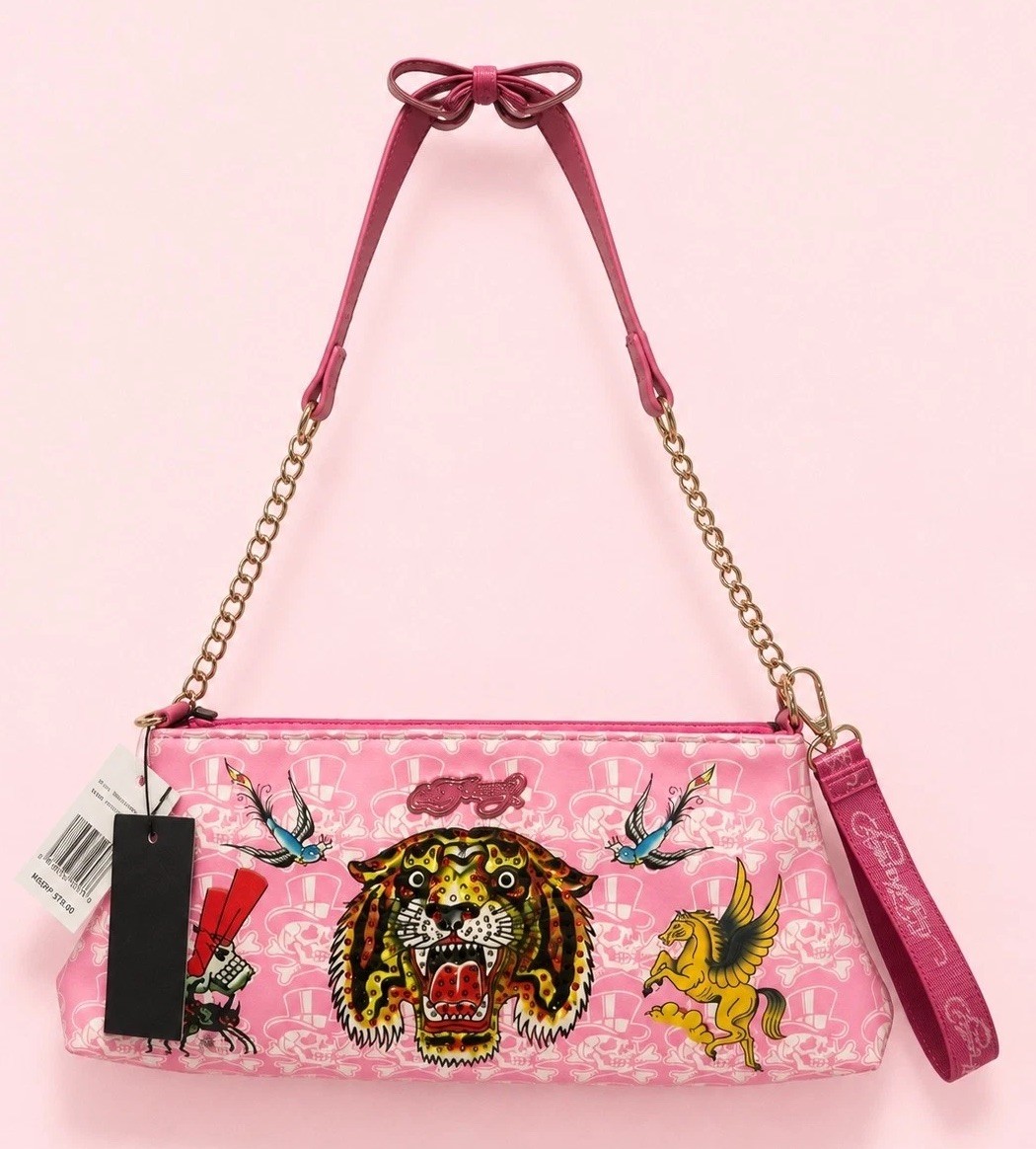NWT Ed Hardy Pink Shoulder Bag Y2K Skull Print Gold Chain Purse Detachable Strap