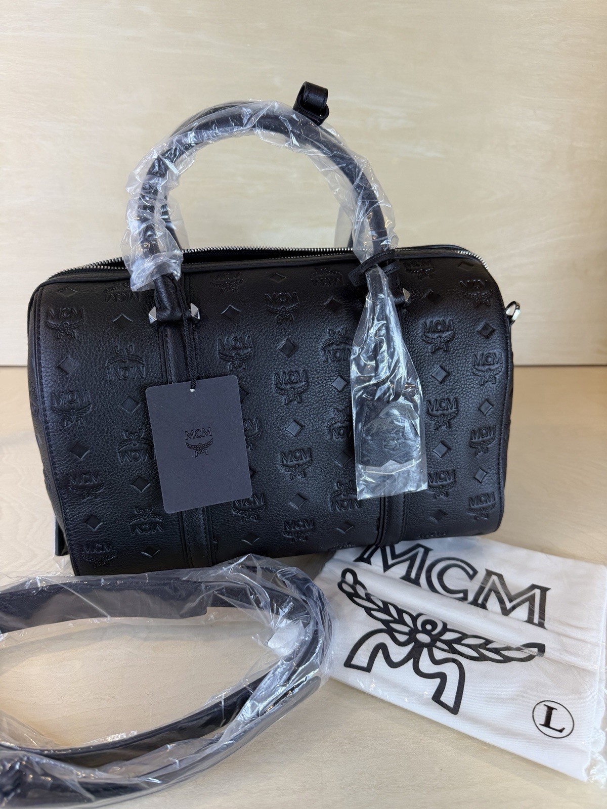 MCM Medium Boston Black Embossed Monogram Leather Satchel Bag NWT 26044J