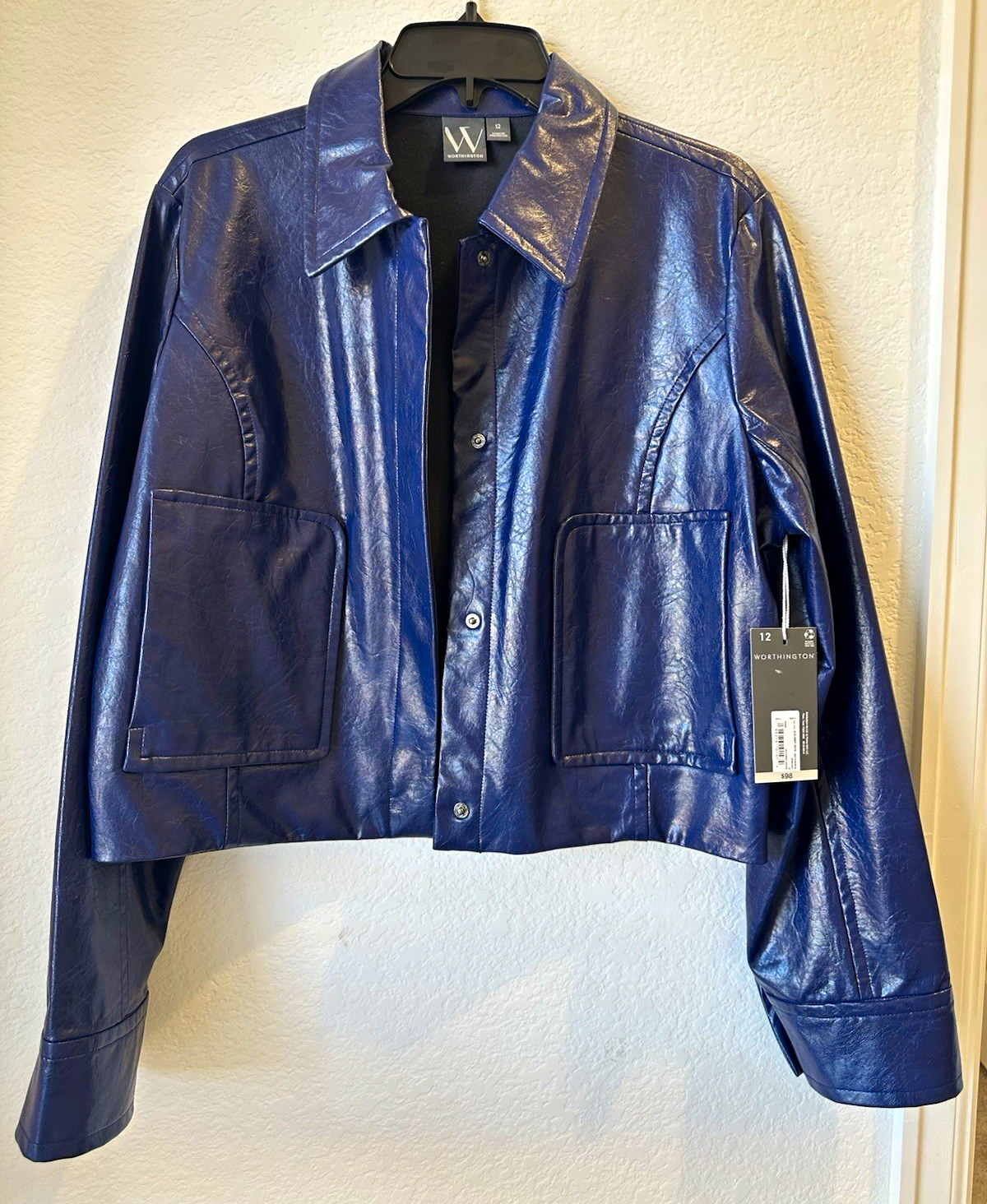 Worthington Women’s Faux Leather Jacket Size 12 Sapphire Blue Cropped NWT