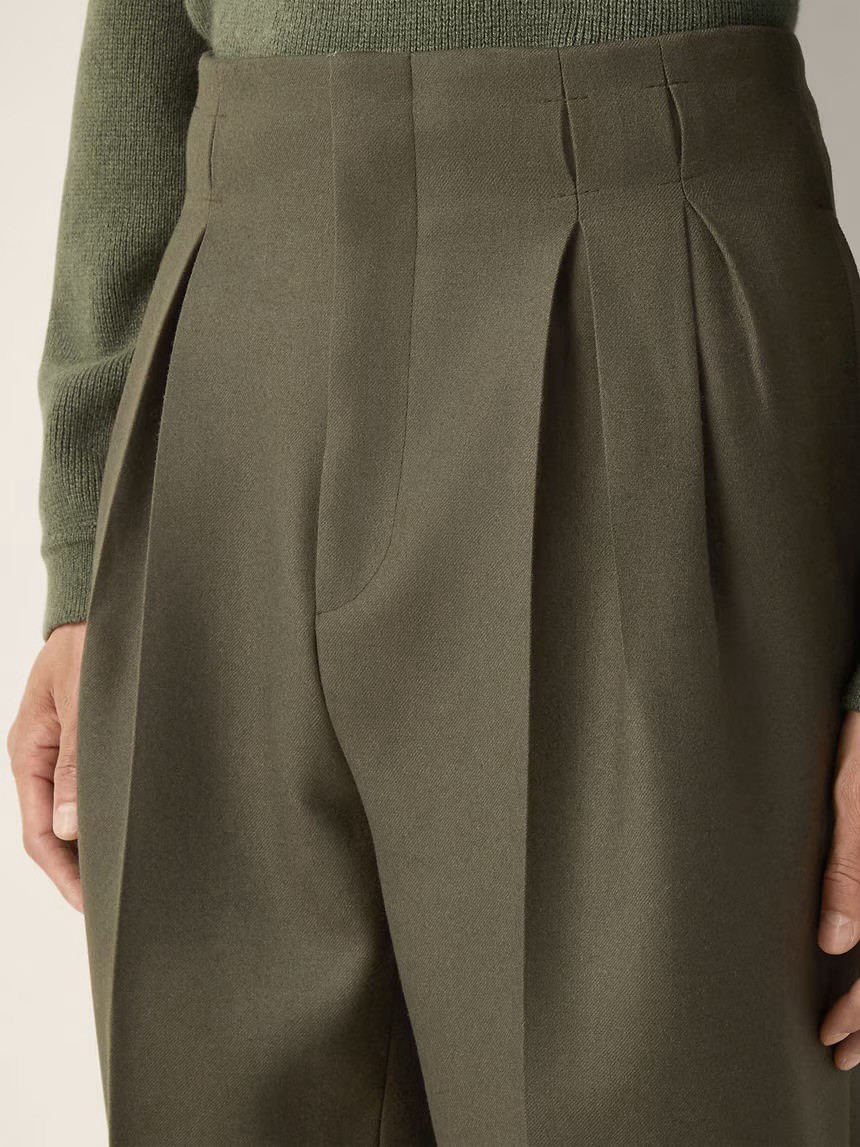 Zegna Couture FW2026 Multi-pleat Dark Olive Classic Relaxed 100% Wool Pants