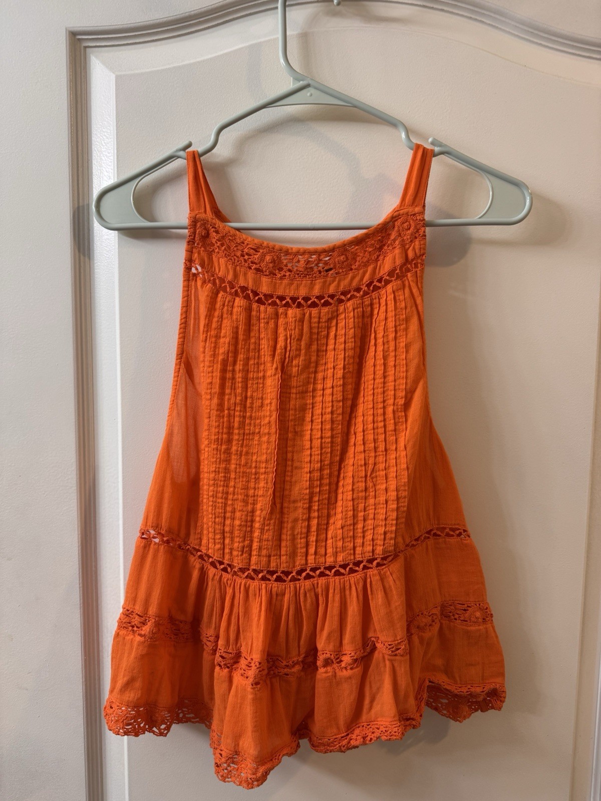 Free People Orange Sleeveless Button Front Crochet Woven Cotton Tank S
