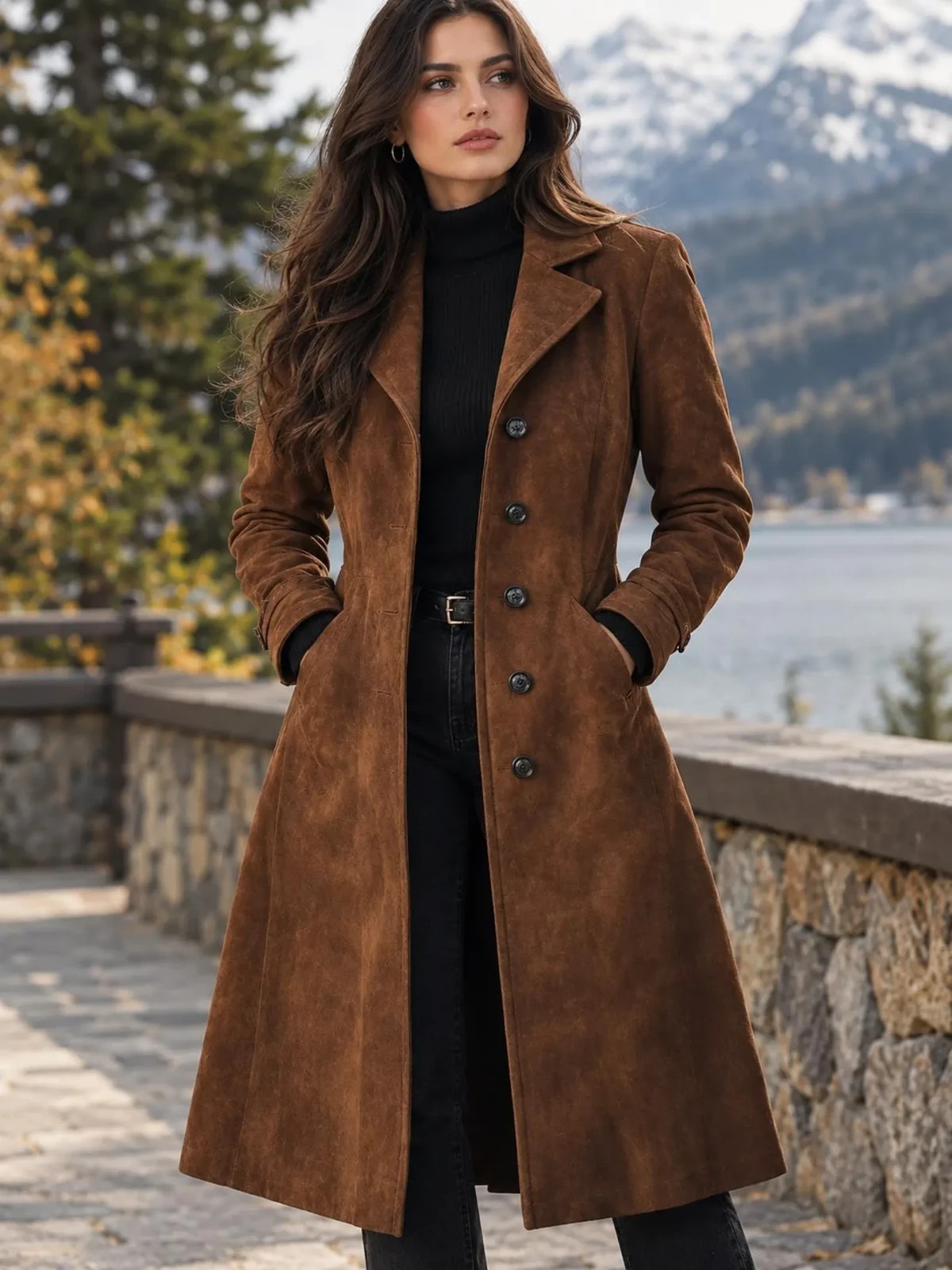 Women’s Genuine Goat Suede Trench Coat Brown 70s A-Line Long Handmade Overcoat