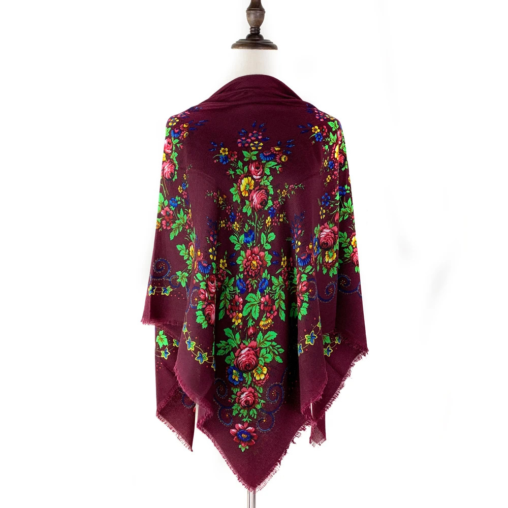 120*120cm Breathable Thin Russian Style Floral Print Square Scarf for Women Luxu