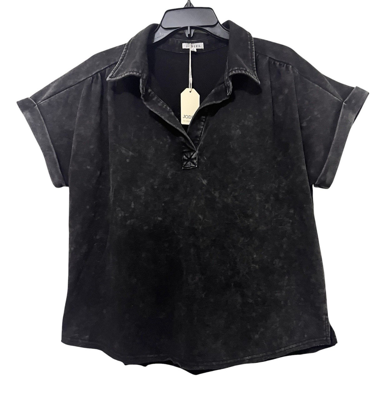 JODIFL Black Mineral Wash V-Neck Top Relaxed Rolled Cuff Boxy Boho Women\'s M NWT
