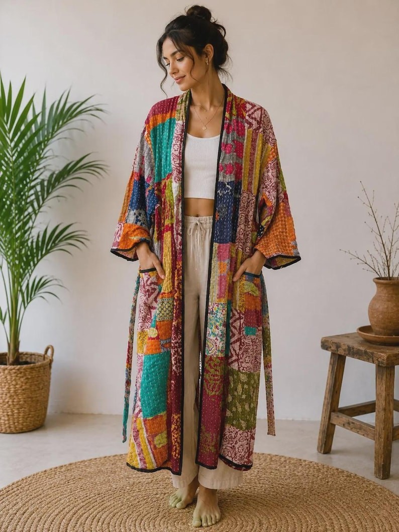 Womens Kantha Patchwork Kimono Robe Cotton Belted Tie Pockets One Size