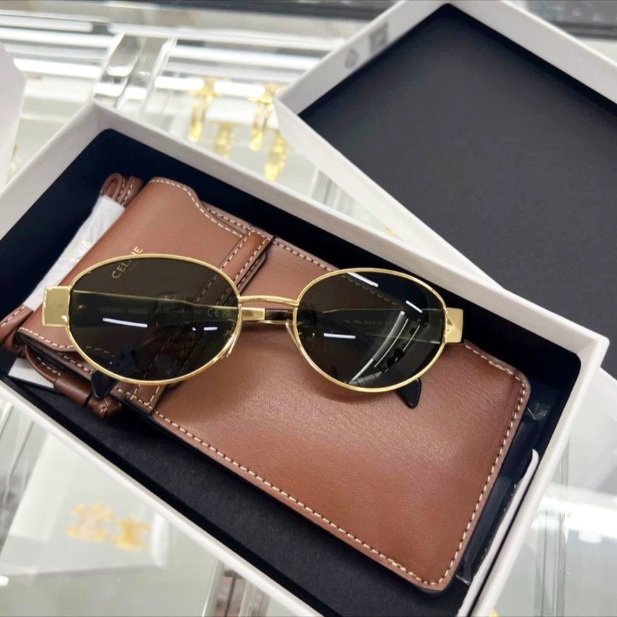 CELINE CL40235U Triomphe Oval Metal Sunglasses, Gold Frame, Grey Lens