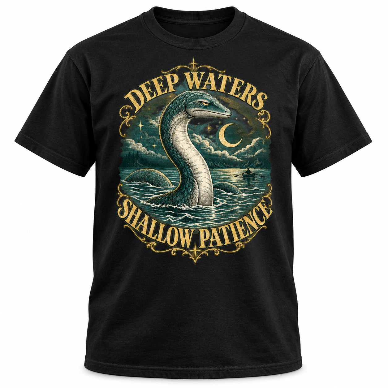 Sea Monster Crescent Moon Rowboat Vintage Engraving Graphic Unisex T-Shirt Gift