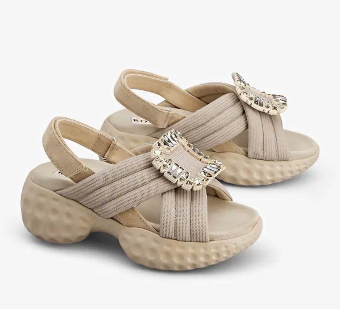 Roger Vivier Gold/White Leather Rhinestone Buckle Slingback Wedge Sandal 6