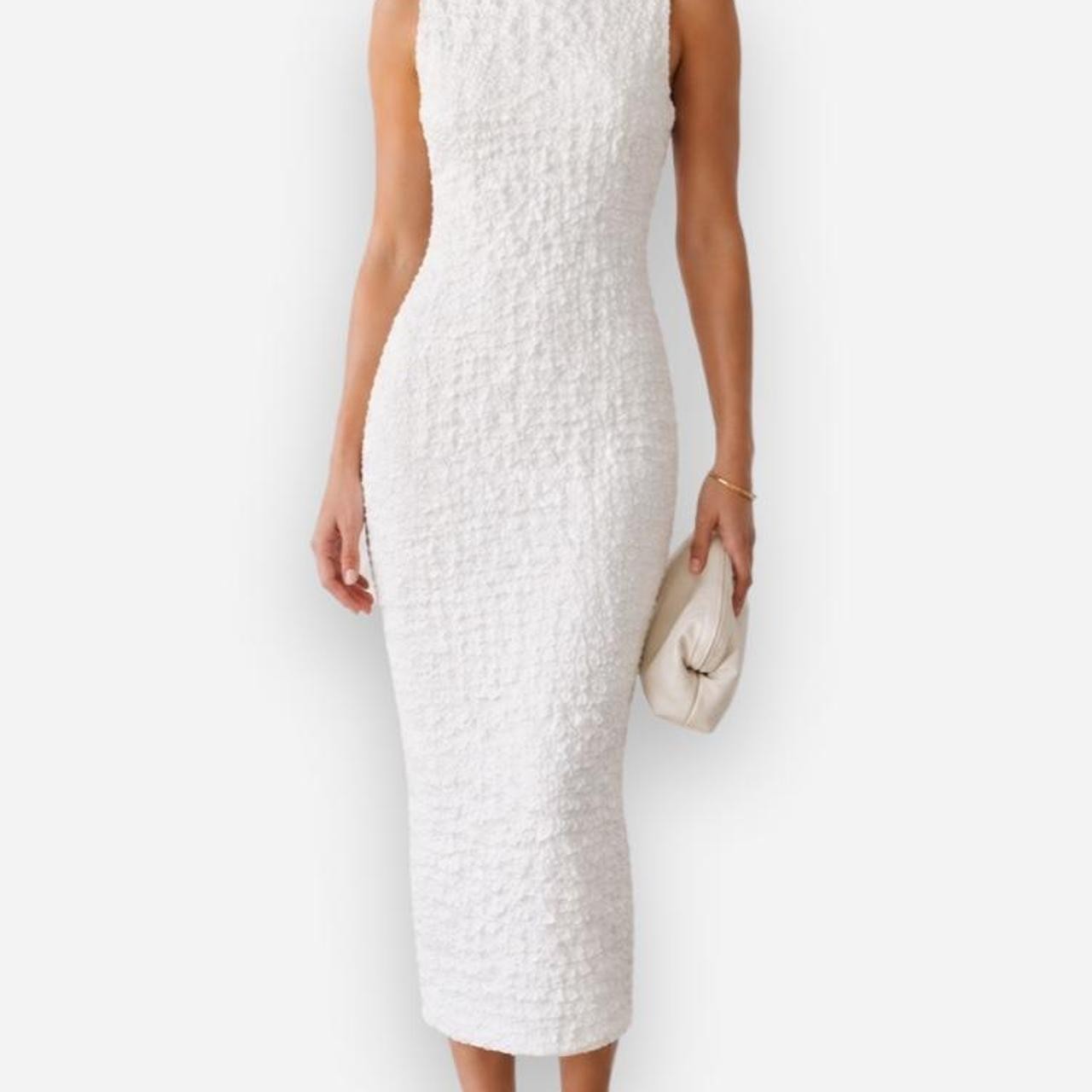Zara vacay white textured midi dress with ruched detailing, size M