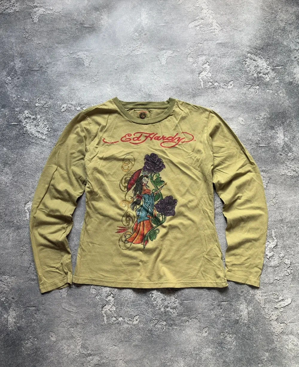 Vintage 00s Ed Hardy Y2K Rhinestones Logo Long Sleeve Top Womens Size XL