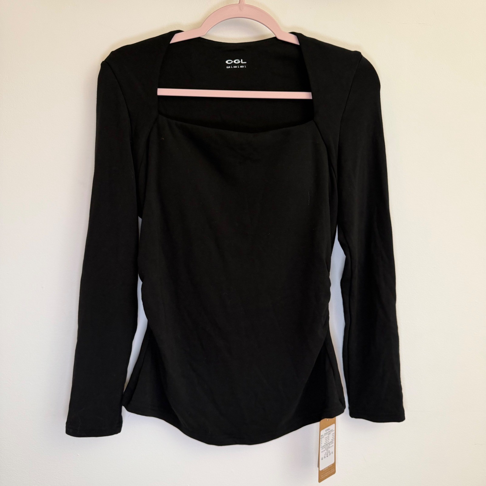 OGL Eco-Mousse Black Square Neck Ruched Long Sleeve Top L 250925-2854W22
