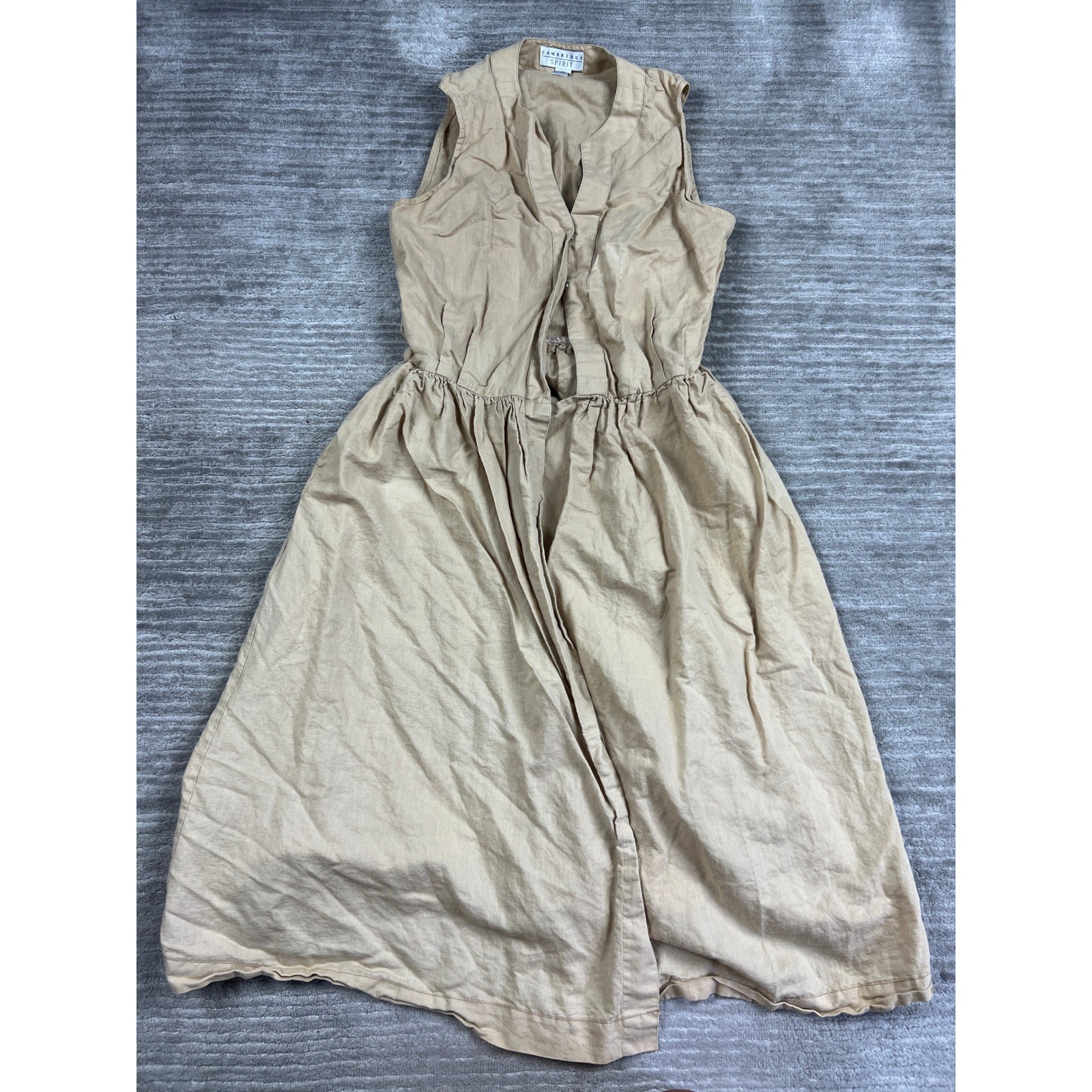Cambridge Spirit Dress Womens 12 Tan Ramie Cotton Sleeveless Maxi Gathered Waist