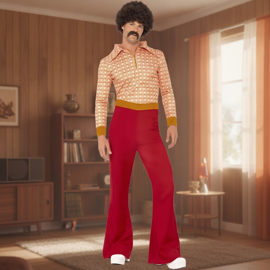 Men\'s 70s Guy Costume with Wig - Comfortable Short Sleeve Polyester Ensemble