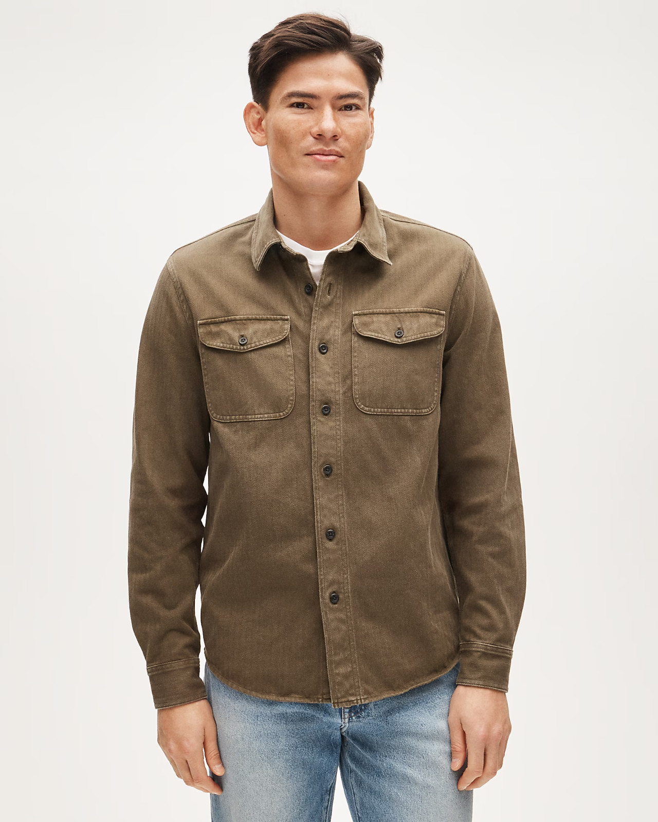 New $98 J. CREW Garment Dyed Herringbone Cotton Workshirt in Misty Olive - Sz M