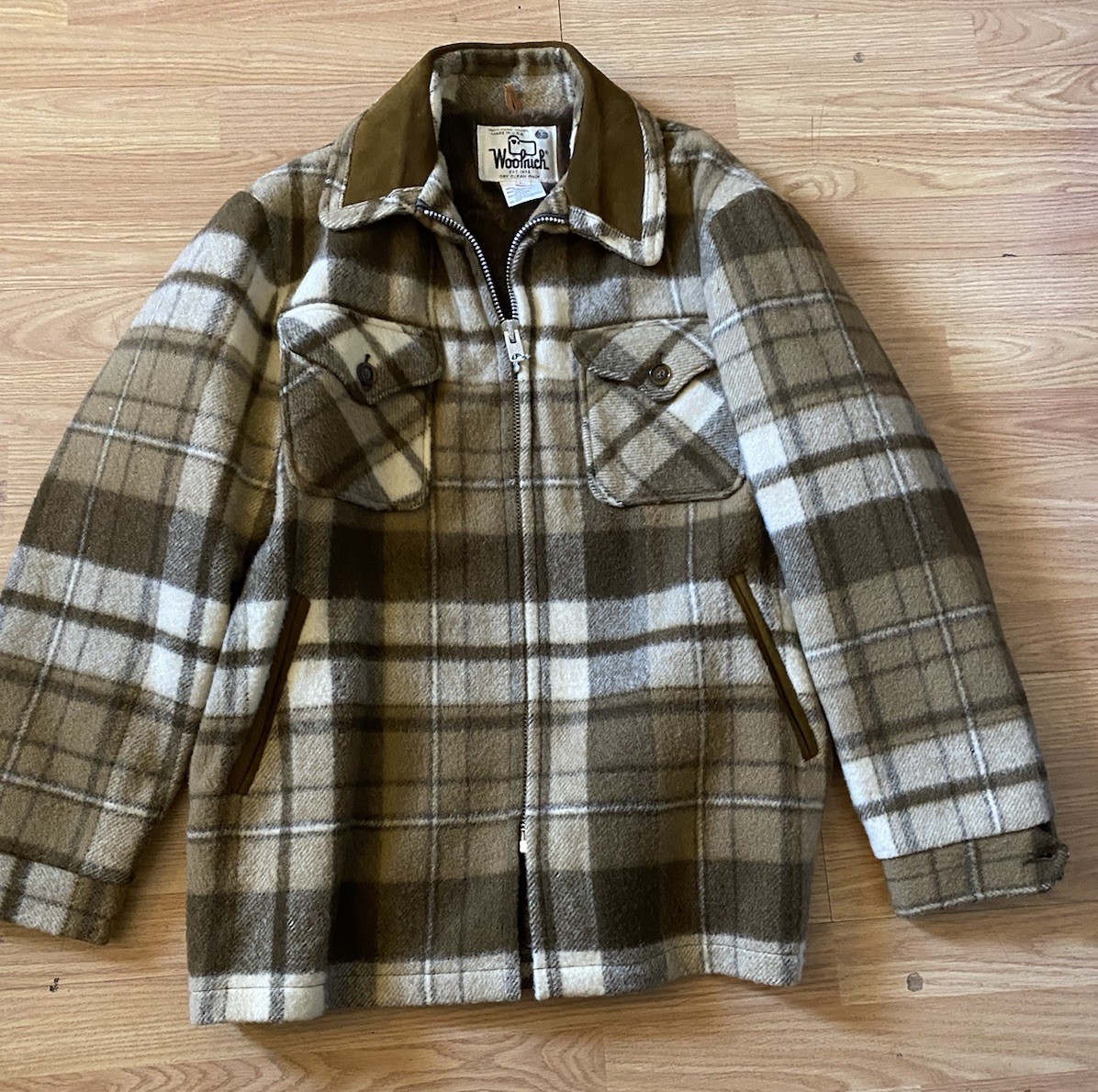 Vtg 70’s Woolrich plaid wool jacket - brown and tan Talon Zipper Sz L. Wool USA