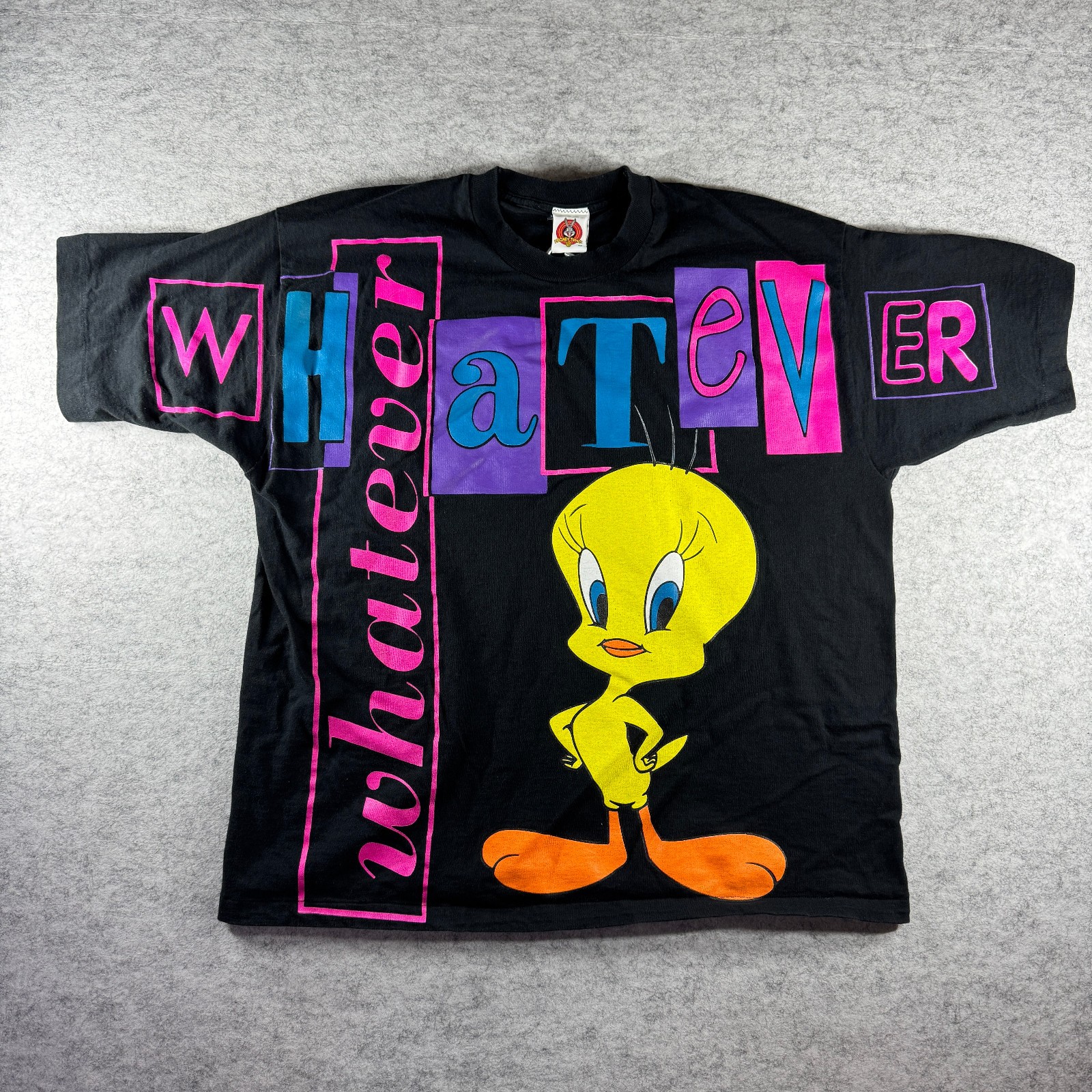 Vintage 90s Looney Tunes Tweety Bird Whatever T-Shirt Mens L Black Single Stitch