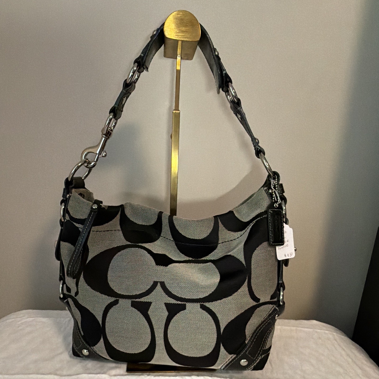 Coach Y2K Signature logo jacquard canvas/leather shoulder bag zip black/gray